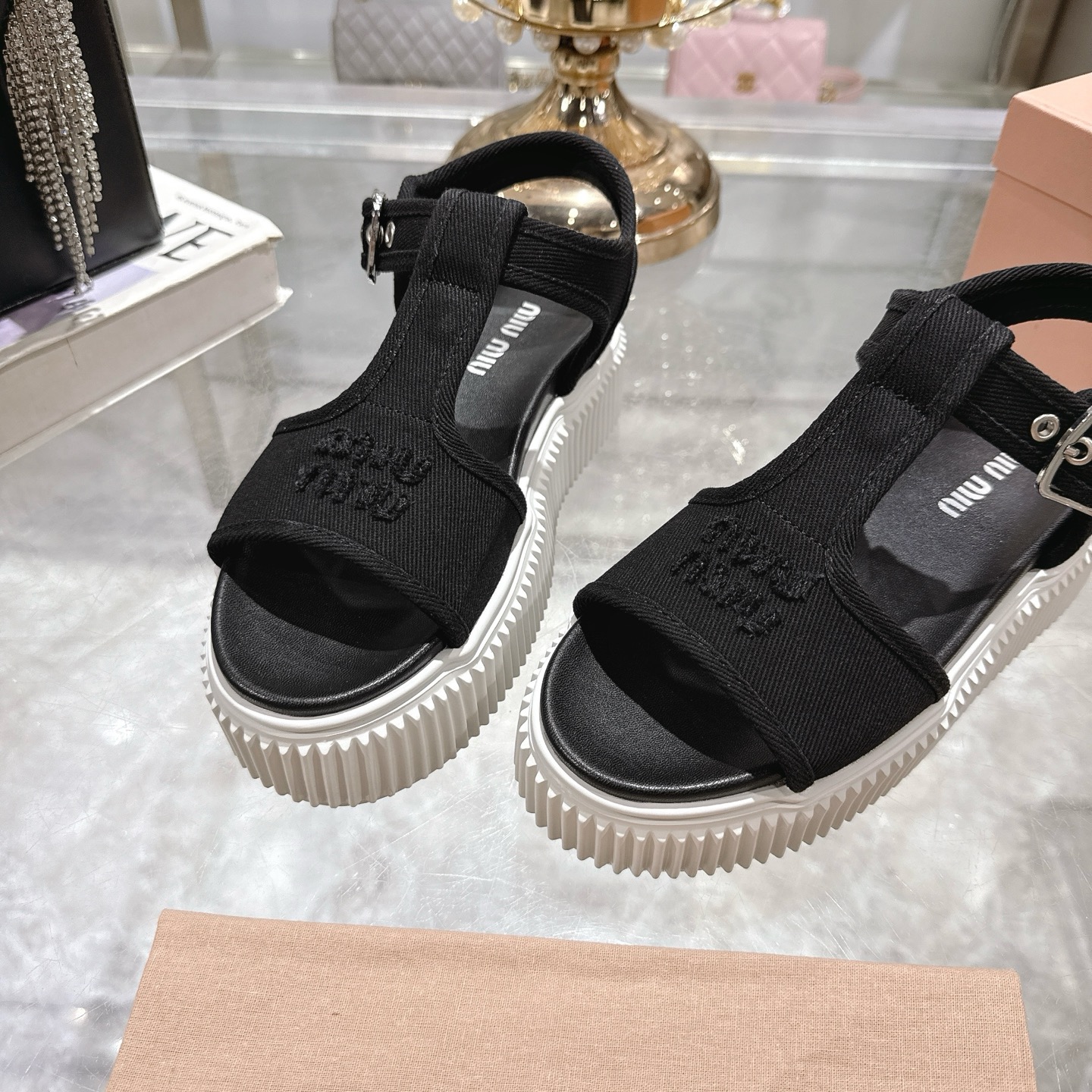 Miu Miu Espadrille Platform Sandals Open Toe Canvas Black 9 i1746693062306 8306 0 7
