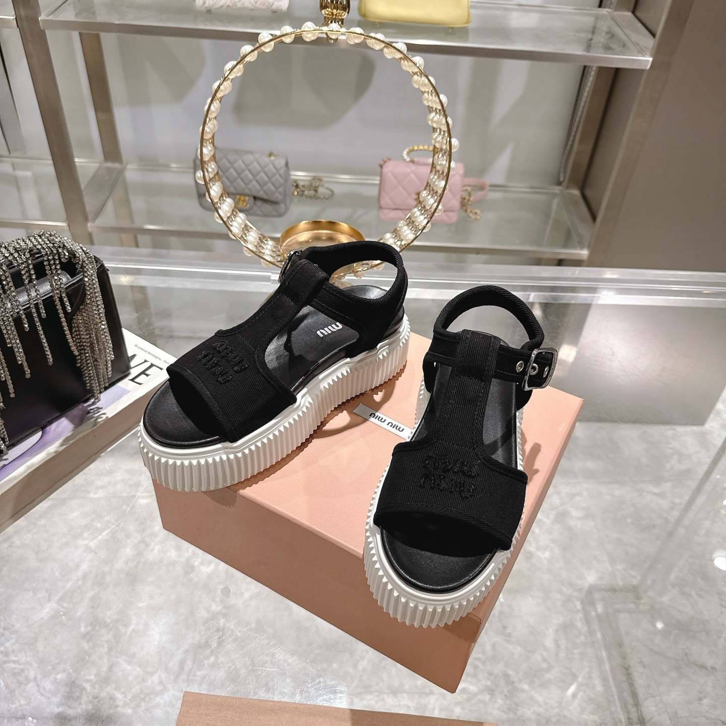 Miu Miu Espadrille Platform Sandals Open Toe Canvas Black 7 i1746693062374 5479 0 5
