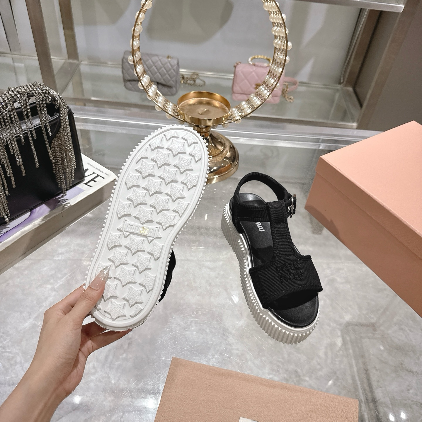 Miu Miu Espadrille Platform Sandals Open Toe Canvas Black 10 i1746693062376 6246 0 8