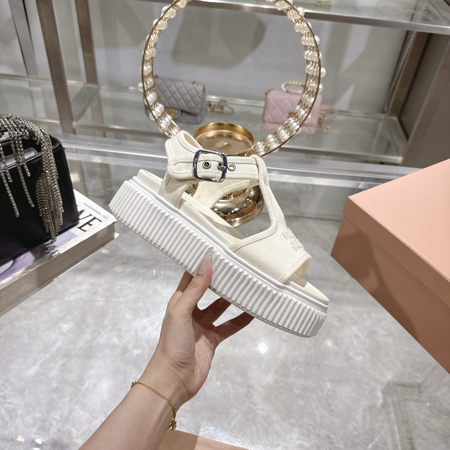 Miu Miu Canvas Platform T-Strap Sandals, Chunky Sole, Open-Toe Design 6 i1746693082892 4963 0 4
