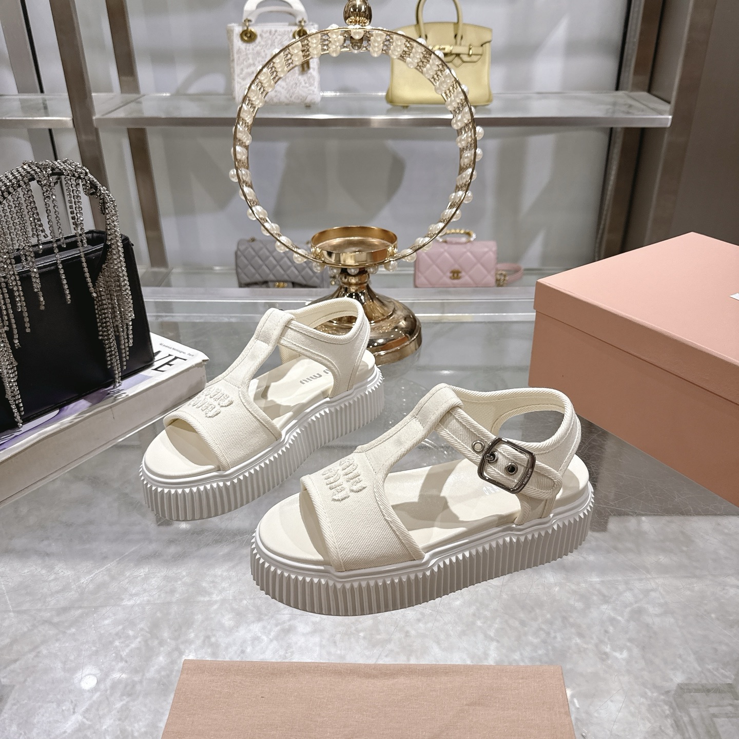 Miu Miu Canvas Platform T-Strap Sandals, Chunky Sole, Open-Toe Design 2 i1746693083038 1996 0 2