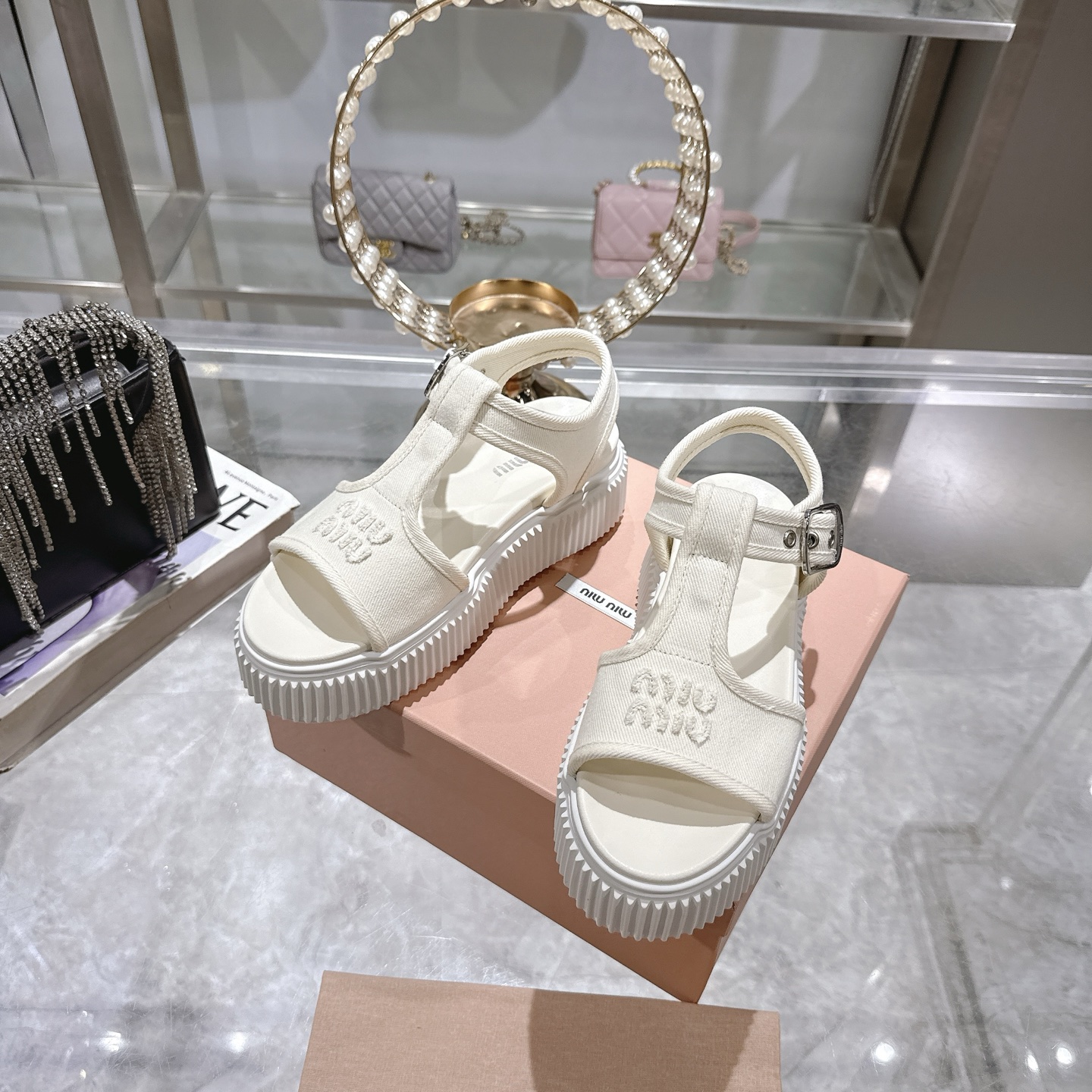 Miu Miu Canvas Platform T-Strap Sandals, Chunky Sole, Open-Toe Design 7 i1746693084311 6941 0 5