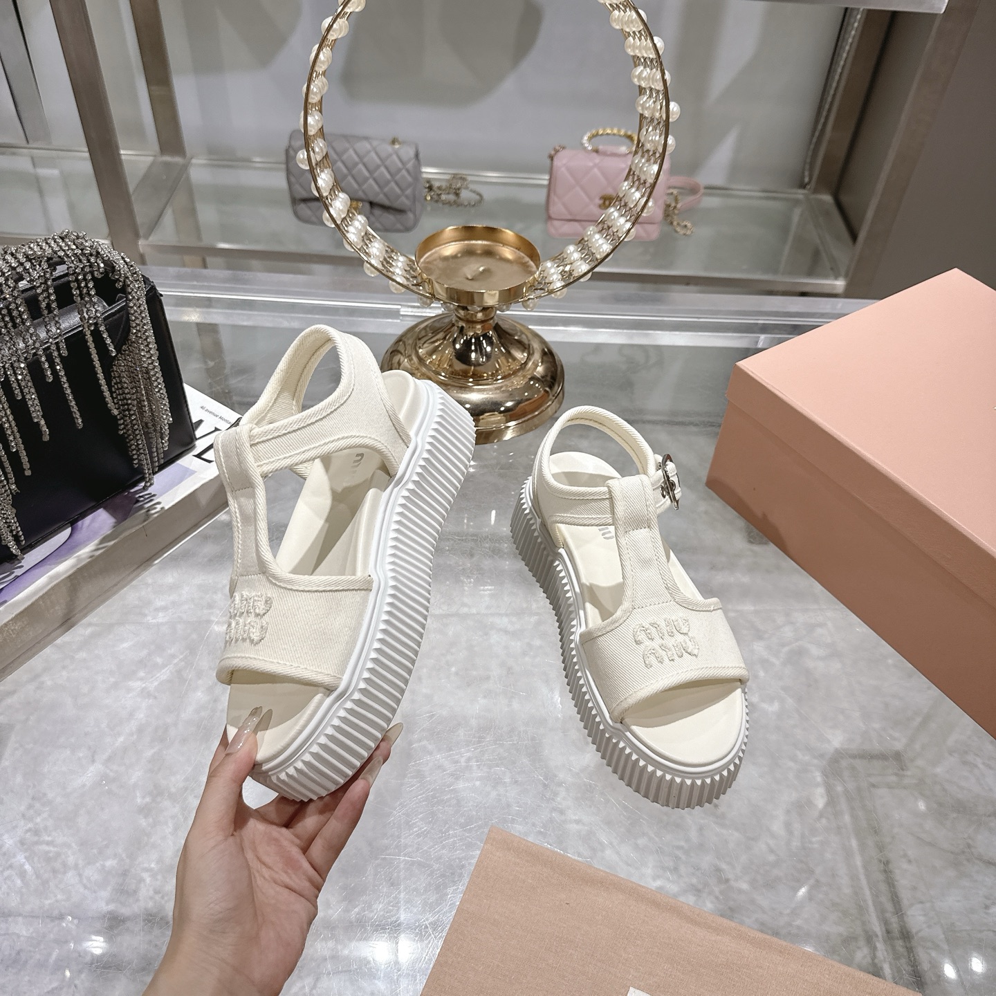 Miu Miu Canvas Platform T-Strap Sandals, Chunky Sole, Open-Toe Design 5 i1746693084324 6490 0 3