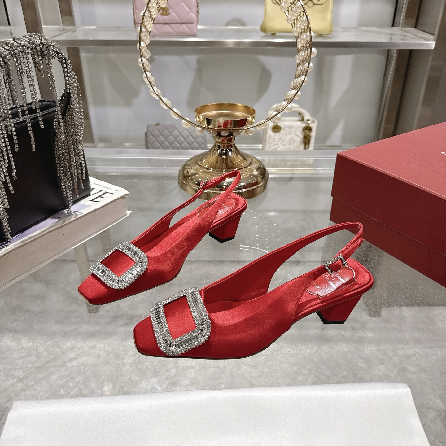 Roger Vivier Bell Vivier Crystal-Embellished Slingback Pumps - Red Satin 12 Roger Vivier Bell Vivier Silk Slingback Pumps with Crystal Buckle