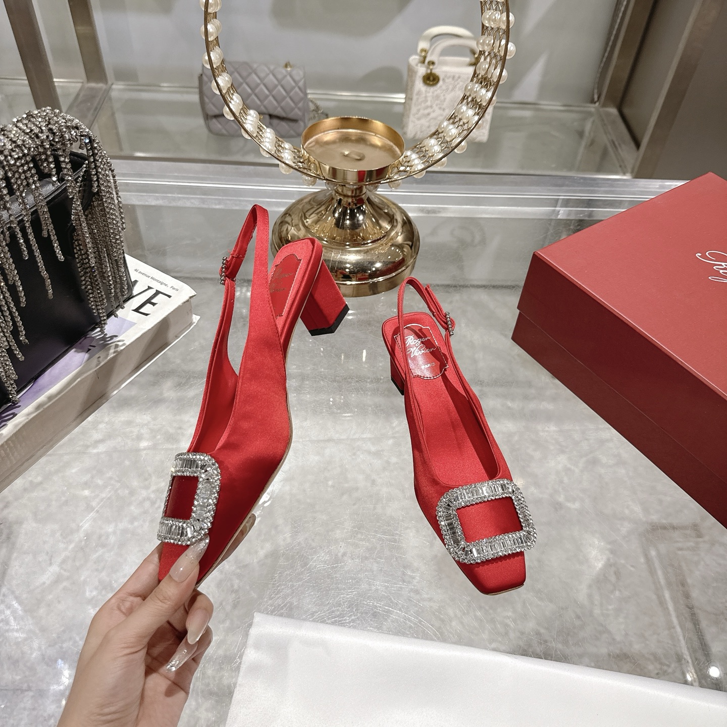 Roger Vivier Bell Vivier Crystal-Embellished Slingback Pumps - Red Satin 5 i1746702143751 7348 0 3