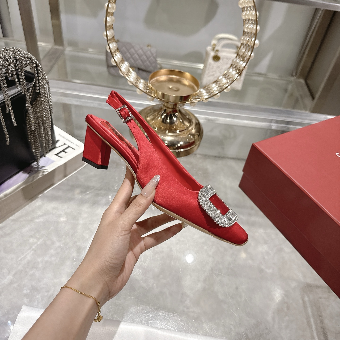 Roger Vivier Bell Vivier Crystal-Embellished Slingback Pumps - Red Satin 6 i1746702143773 2075 0 4