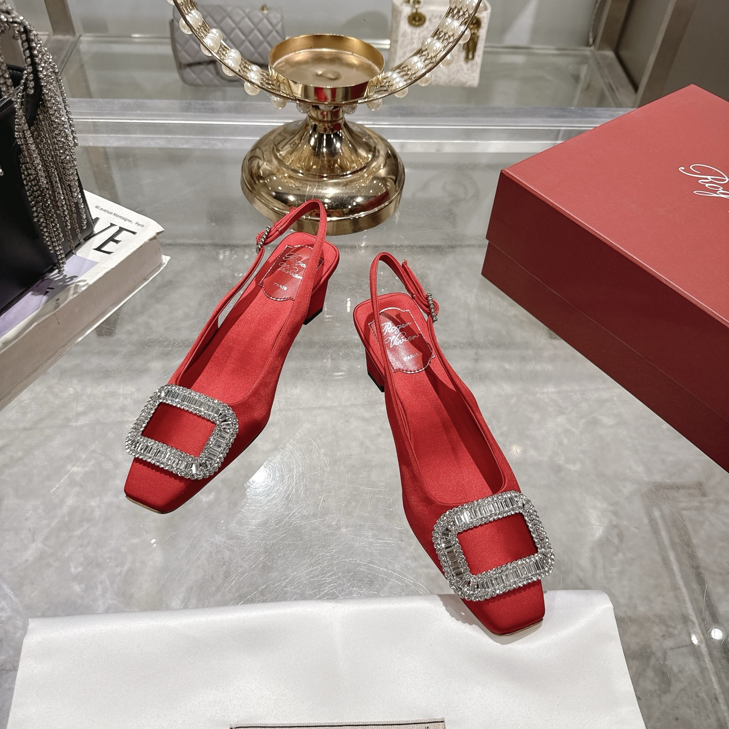 Roger Vivier Bell Vivier Crystal-Embellished Slingback Pumps - Red Satin 4 i1746702145091 3255 0 1