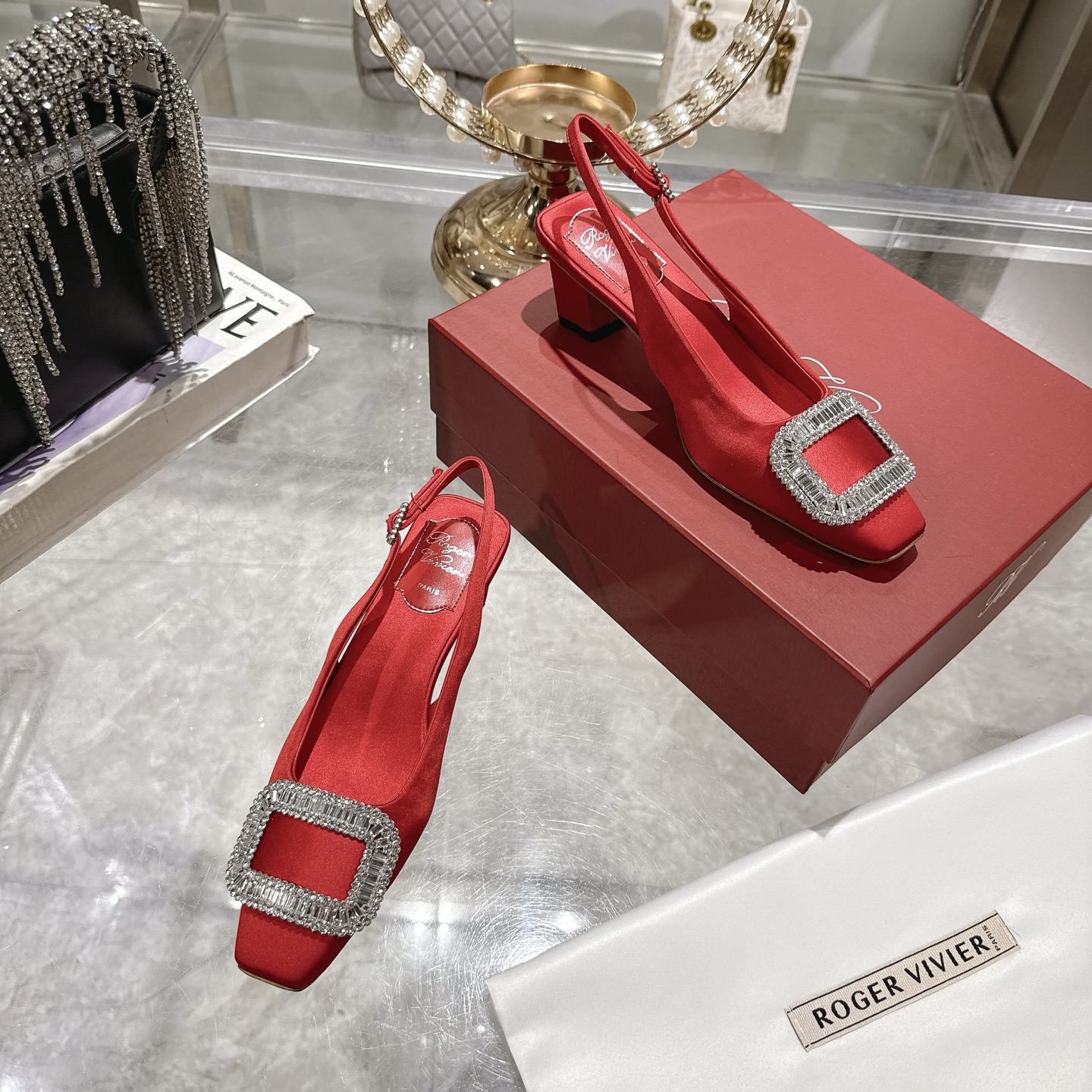 Roger Vivier Bell Vivier Crystal-Embellished Slingback Pumps - Red Satin 7 i1746702145105 5225 0 5