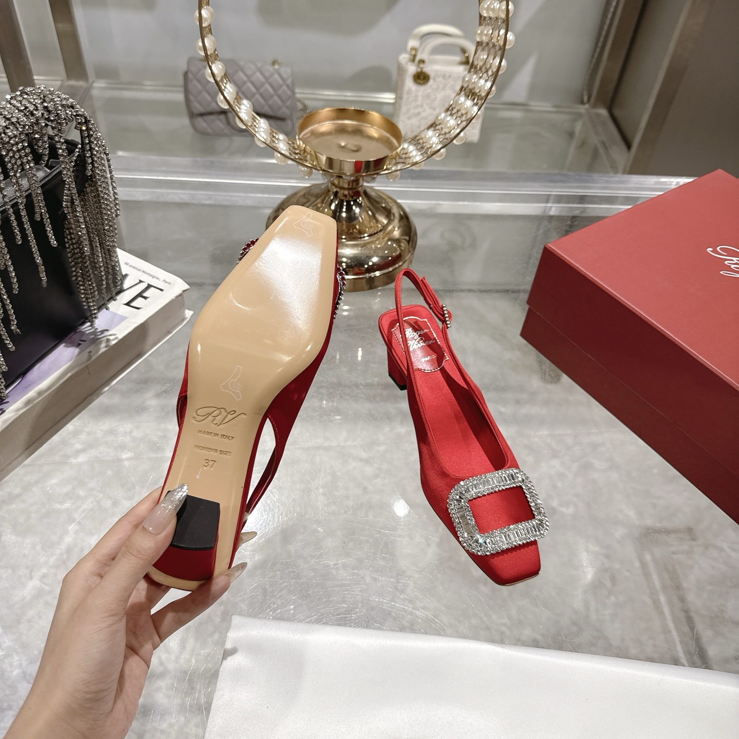 Roger Vivier Bell Vivier Crystal-Embellished Slingback Pumps - Red Satin 10 i1746702145214 8391 0 8