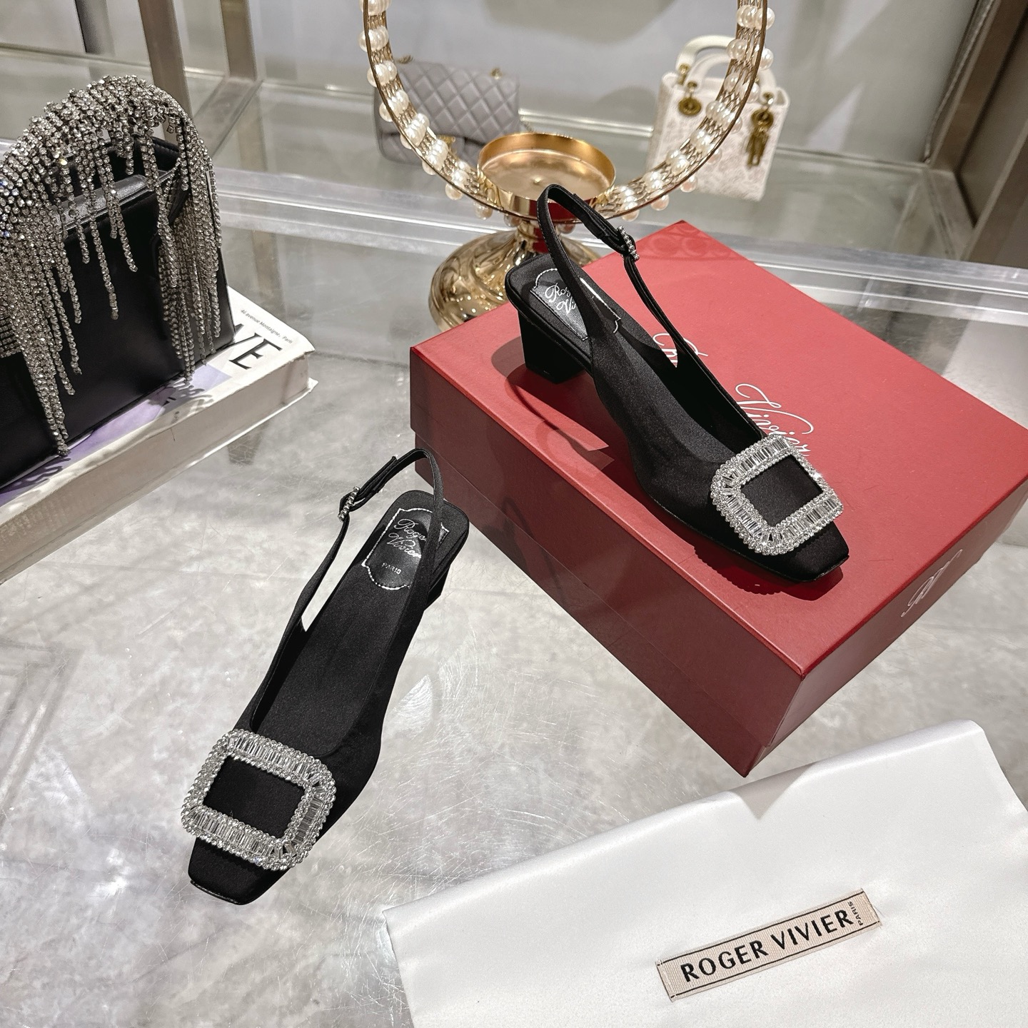 Roger Vivier Bell Vivier Silk Satin Slingback Pumps with Crystal Buckle 7 i1746702268980 9083 0 5