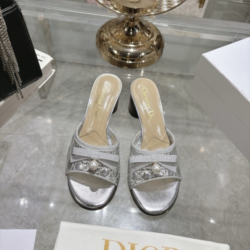 Dior D-Lane Silver Heeled Mules with Bow and Pearl Embellishment 1 Dior D-Lane Silver Heeled Mules with Bow and Pearl Embellishment