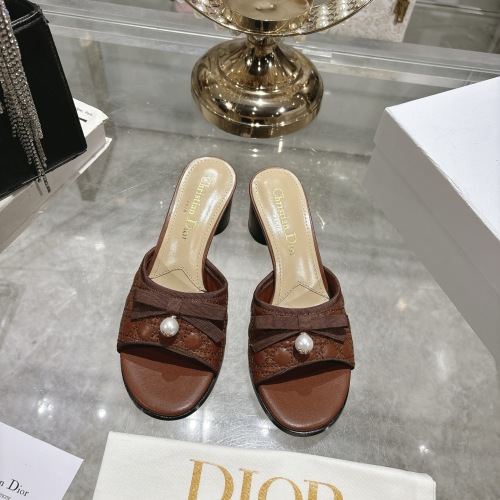Dior D-Lane Open-Toe Mules with Bow and Pearl Detail, Brown Leather 1 Dior D-Lane Open-Toe Mules with Bow and Pearl Detail, Brown Leather