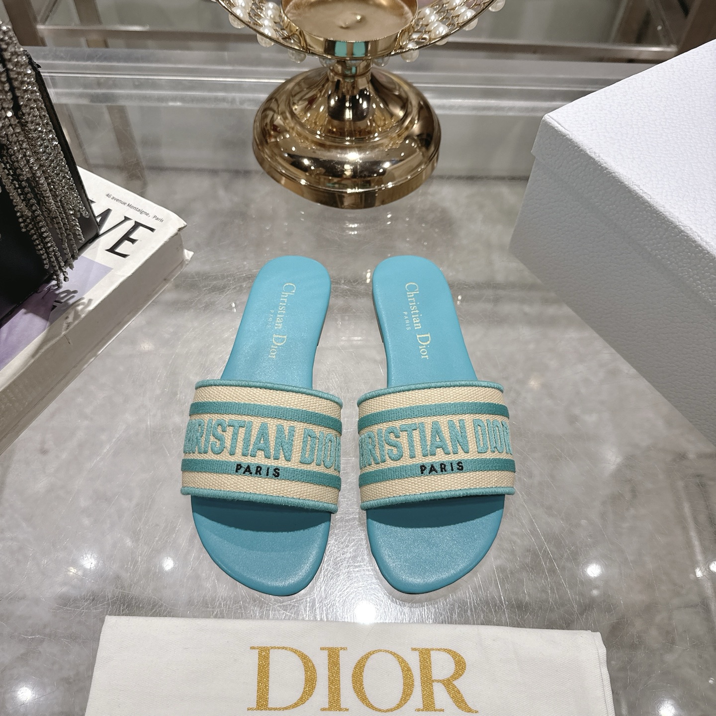 Dior D-Bobby Blue Embroidered Cotton Flat Slides, Summer Ready