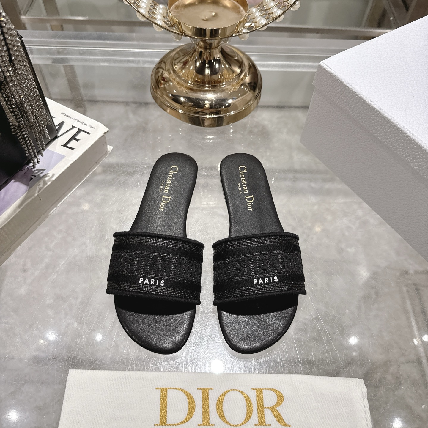 Christian Dior D-Way Sandal - Black Cotton Embroidery Flat Slides