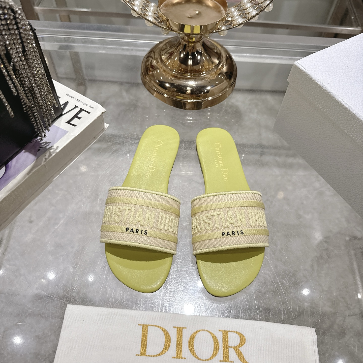 Dior D-Way Sandal: Embroidered Cotton, Leather Sole, Comfortable Beach Slide