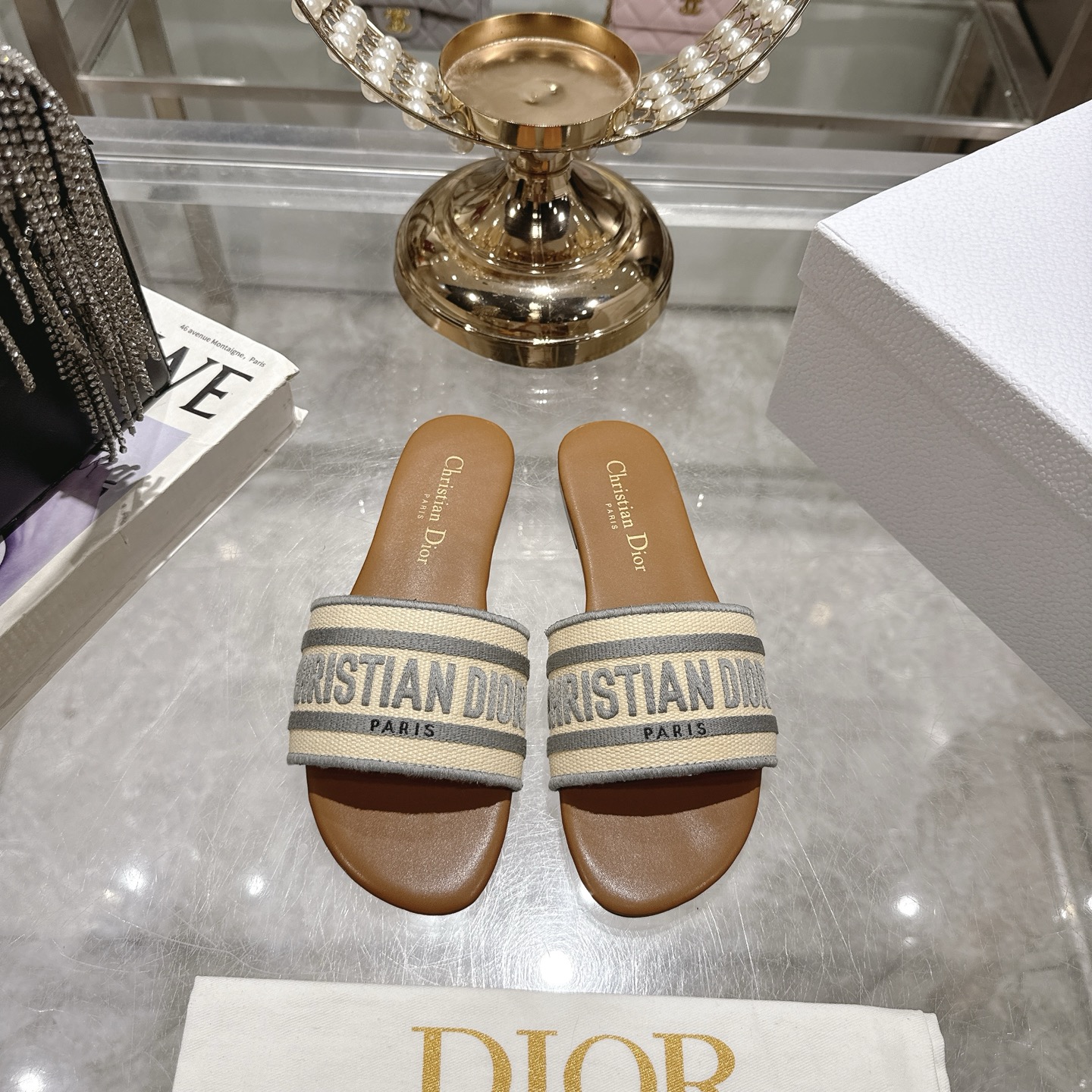 Dior D-Way Sandal: Embroidered Cotton and Leather Flat Slide