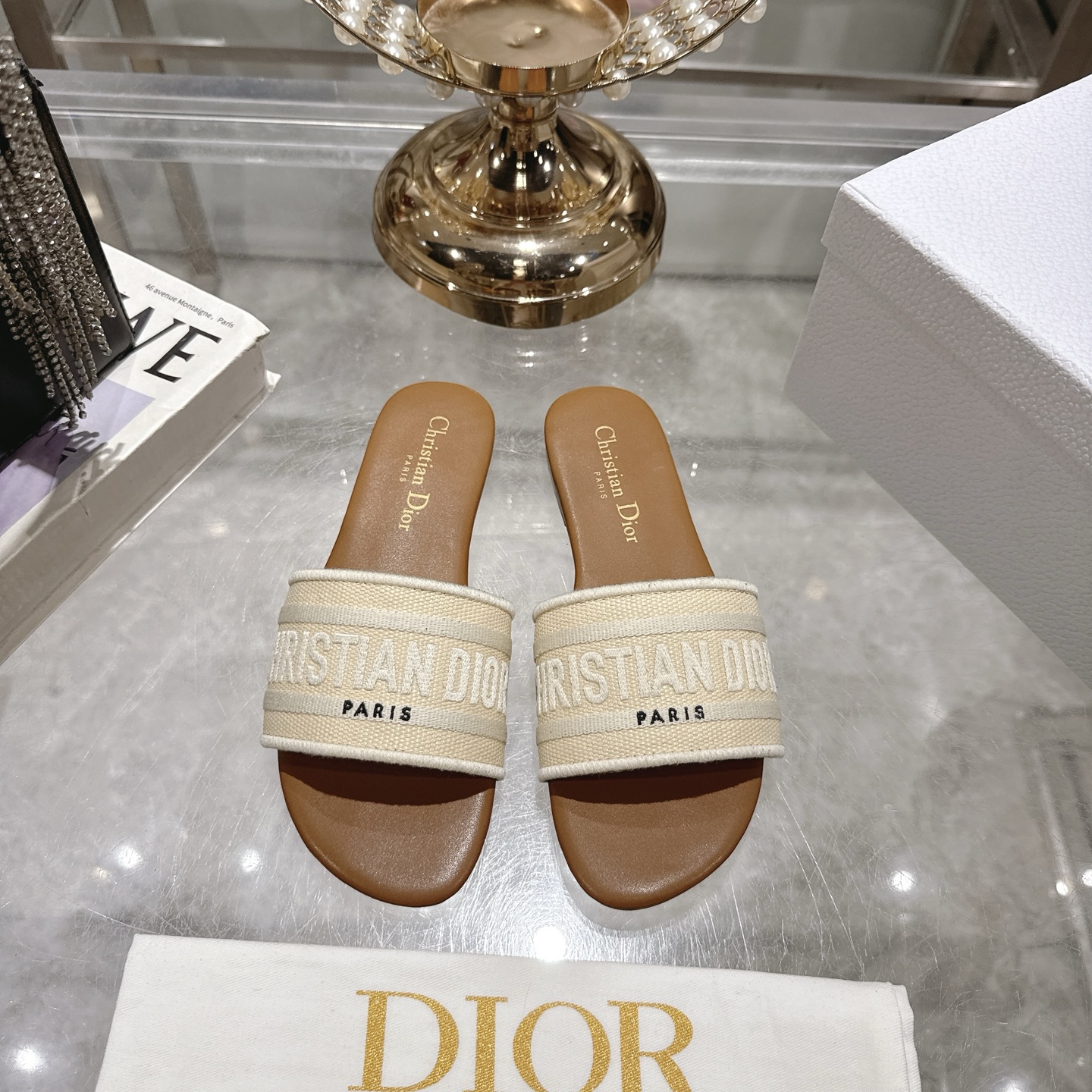 Dior D-Way Sandal: Elegant Embroidered Cotton Flat Slides for Women