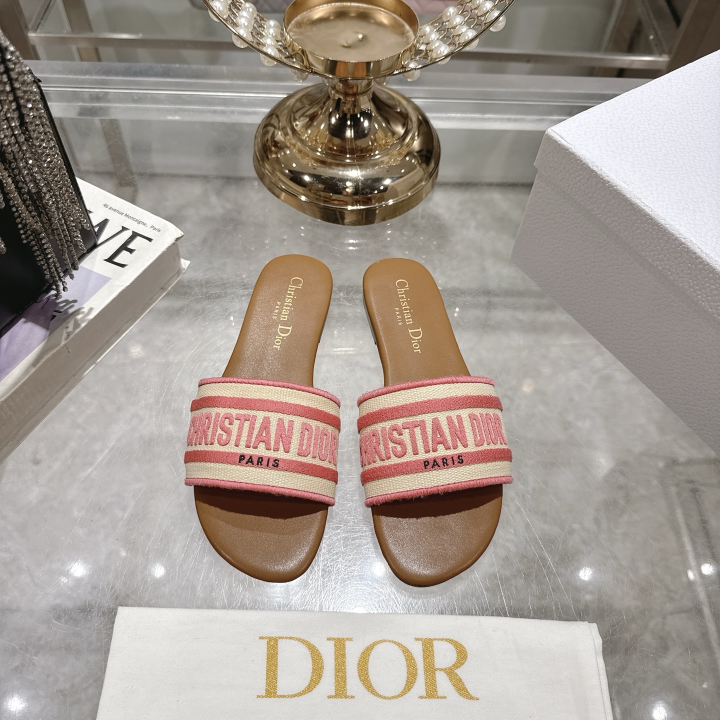 Dior D-Way Sandal: Embroidered Cotton, Leather Sole, Flat Heel, Pink