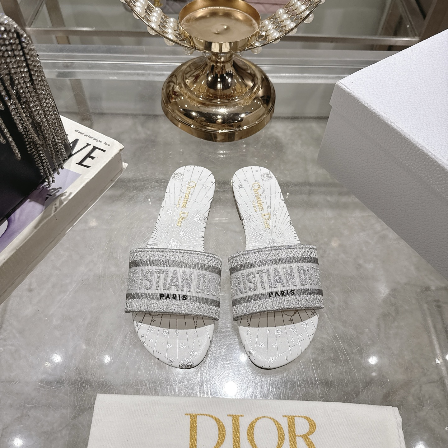 Dior Women's D-Dior Embroidered Cotton Flat Sandals Slides