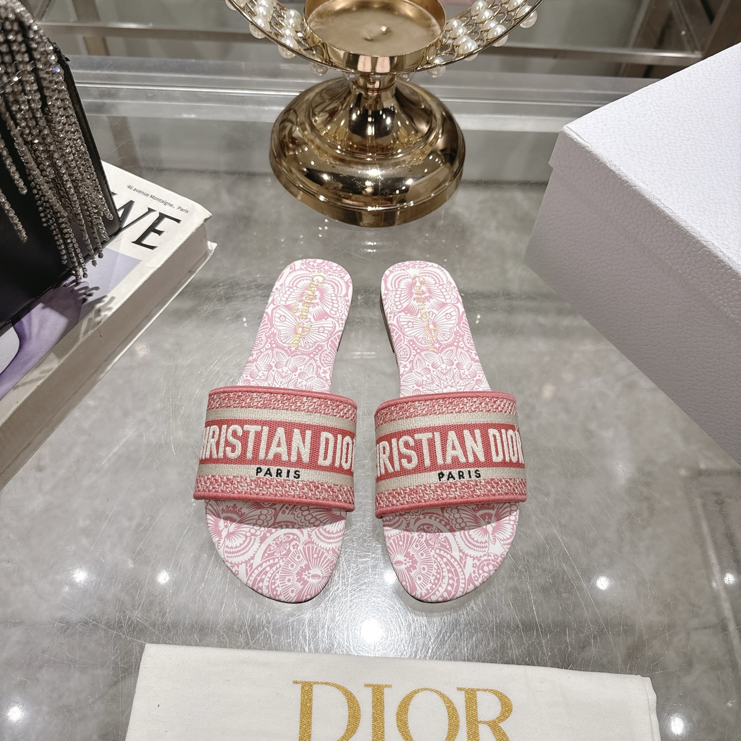 Dior D-Way Sandal: Embroidered Cotton, Flat, Slides - Women's Designer Sandals