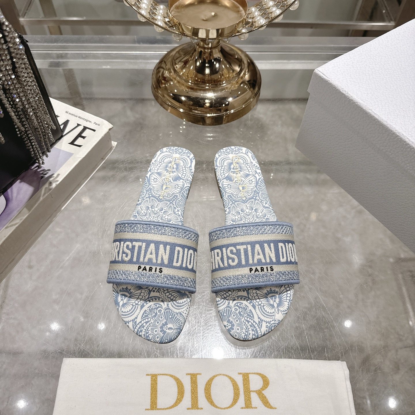 Dior D-way Sandal Blue Dior Oblique Embroidery Cotton Flat Slides Sandals