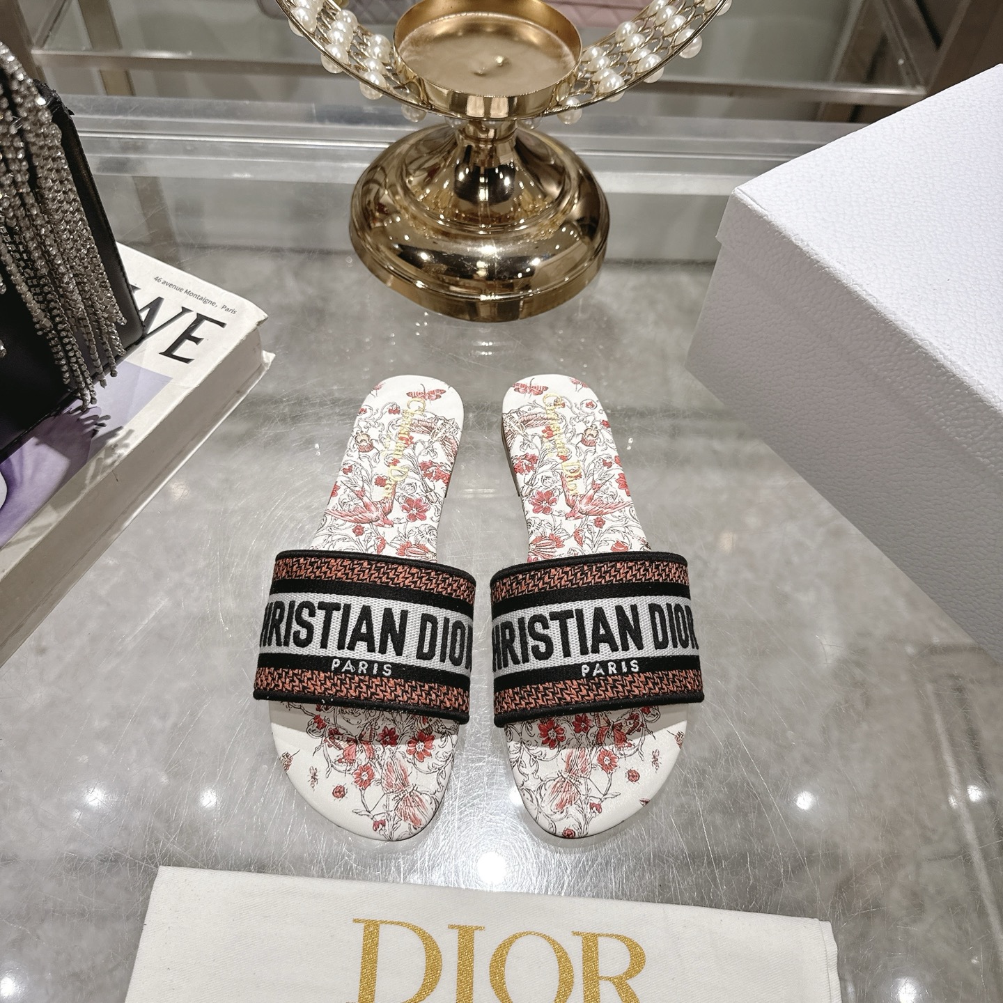 Dior Dway Embroidered Cotton Blend Flat Slides Floral Print Sandals