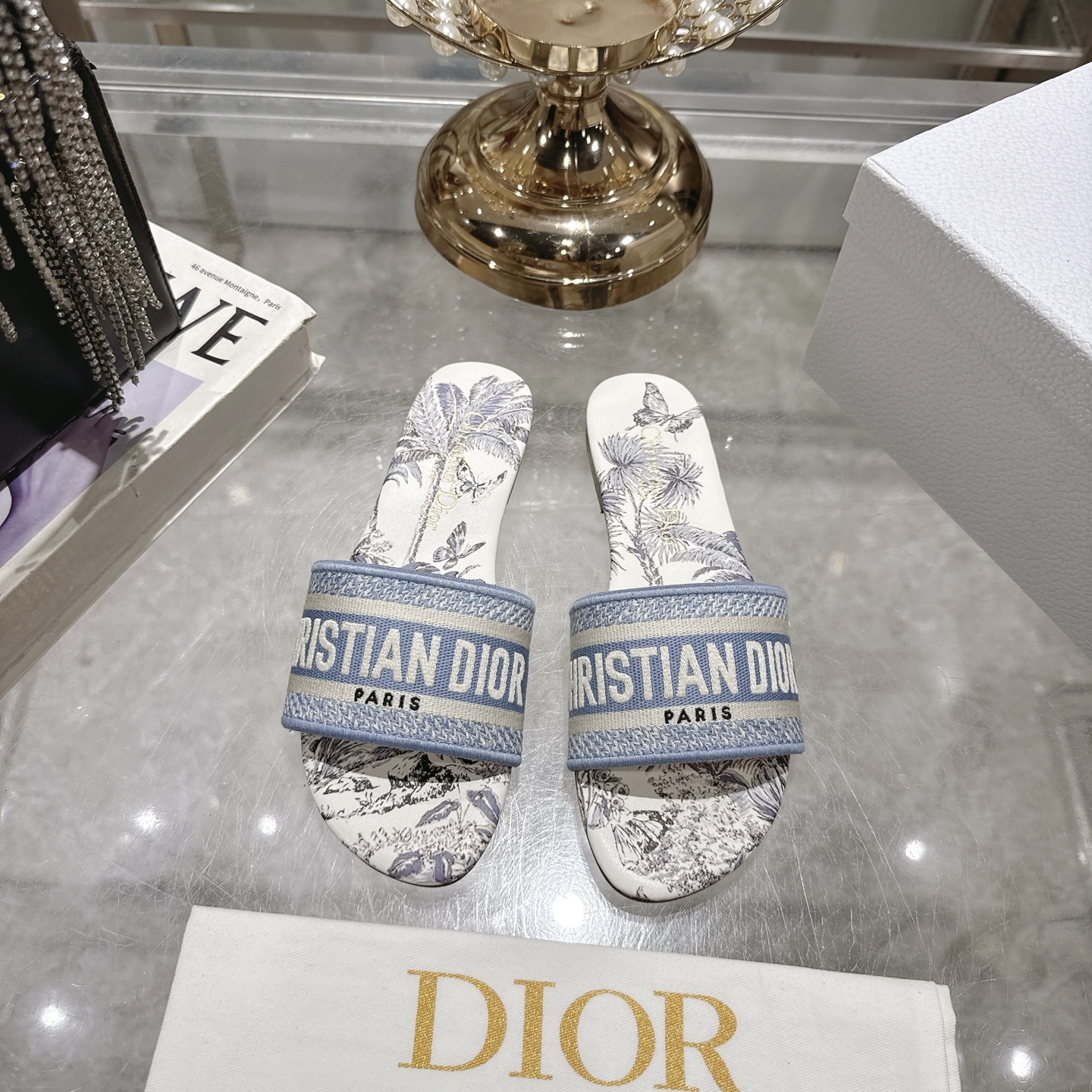 Dior Women's D-Way Sandal in Blue Dior Oblique Embroidery Cotton