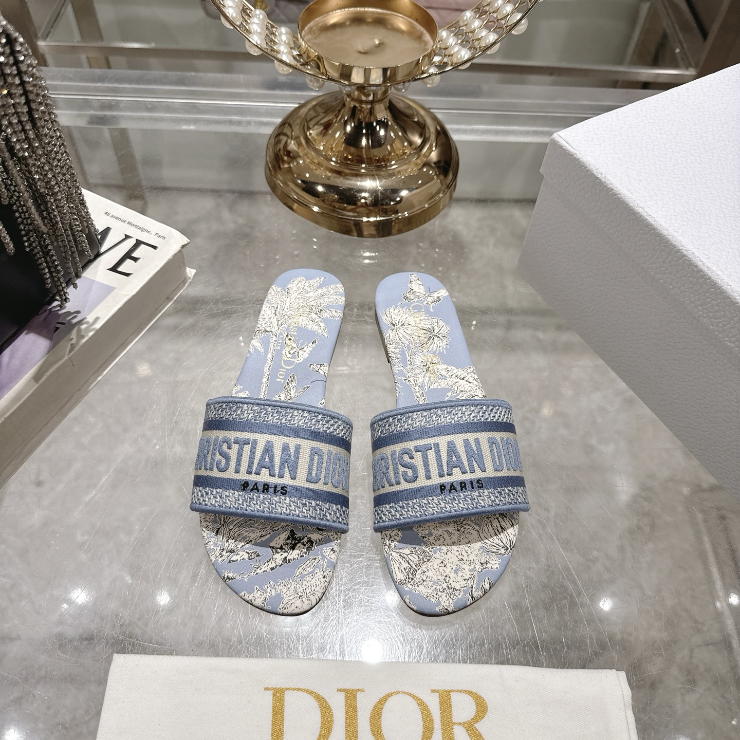 Dior D-Way Sandal Blue Dior Oblique Embroidery Cotton Mix Flat Slides