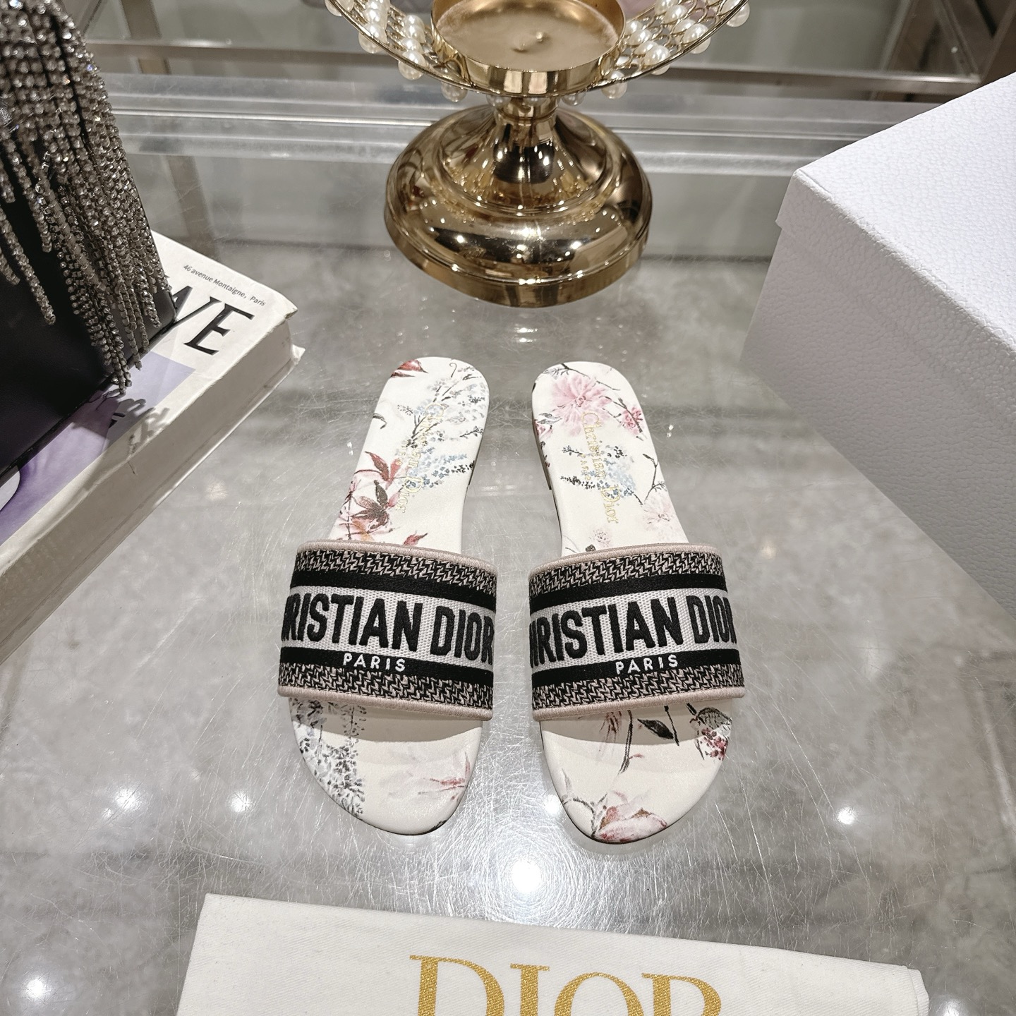 Dior Floral Embroidered Cotton Blend Flat Sandals | CD Logo | Women's Shoes