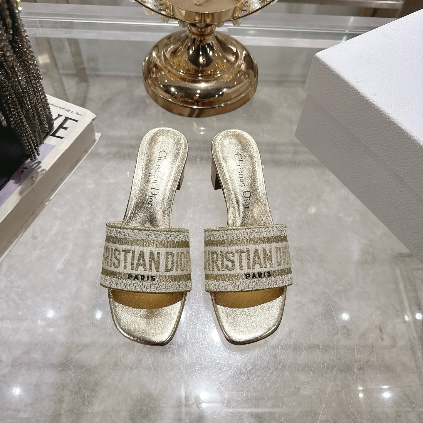Dior D-Way Sandal: Embroidered Cotton, Gold Finish, Block Heel, Comfortable Slides