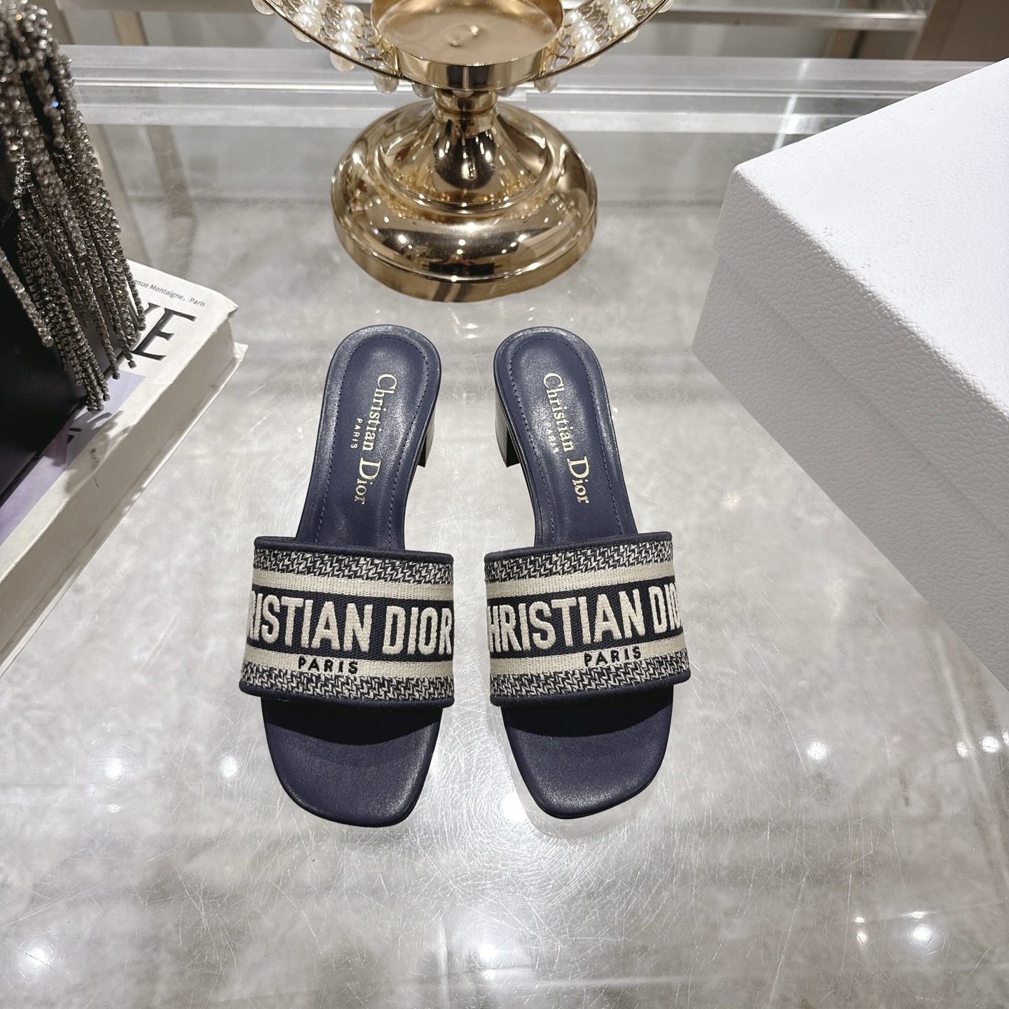 Dior Women's D-Wander Heeled Mules - Elegant Blue Embroidered Cotton Slides