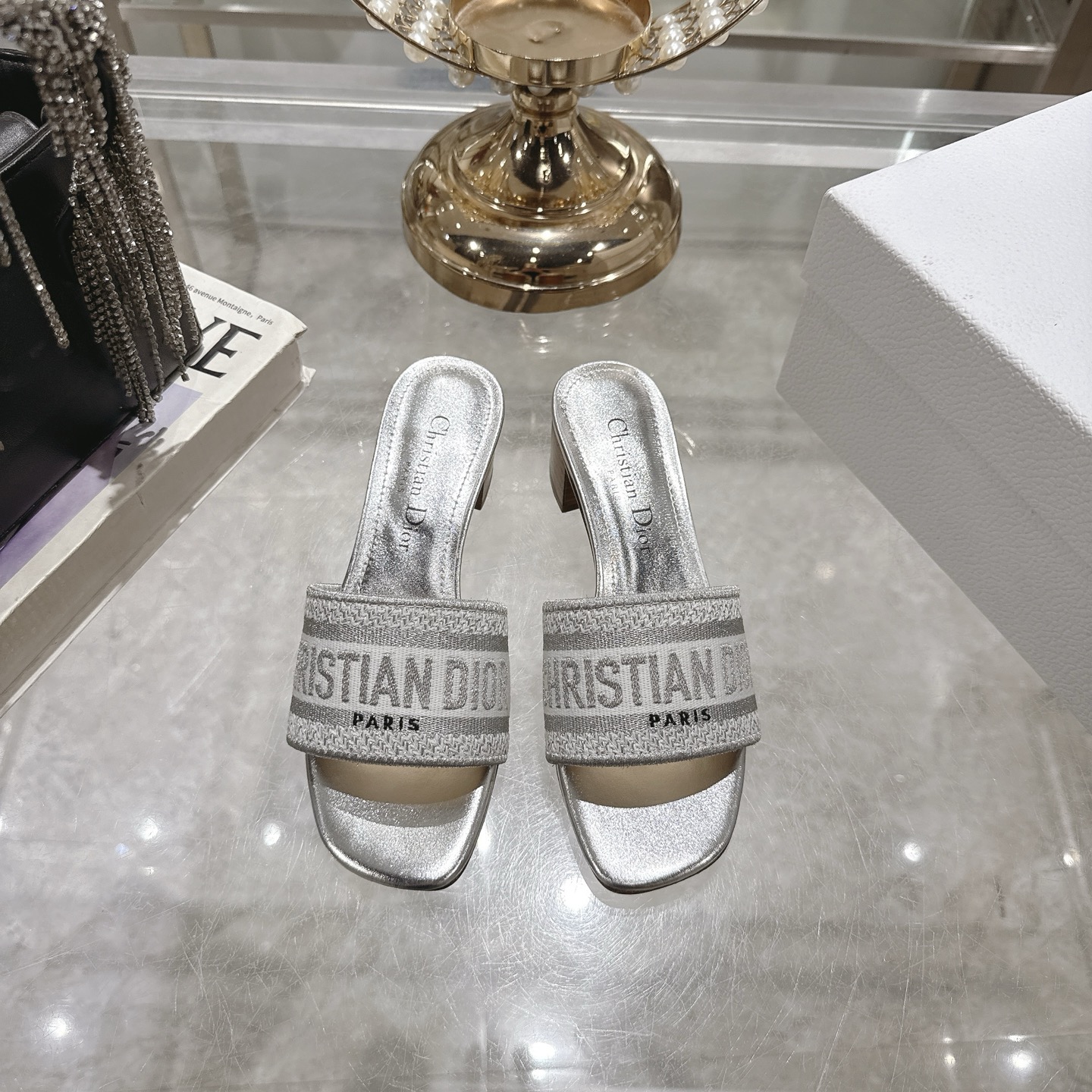 Dior D-Way Heeled Mules: Elegant Embroidered Cotton and Leather Slides