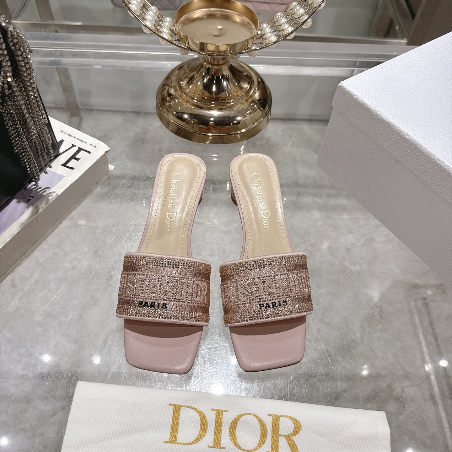 Dior Women's D-Paris Embroidered Cotton Heeled Mules Slides Sandals