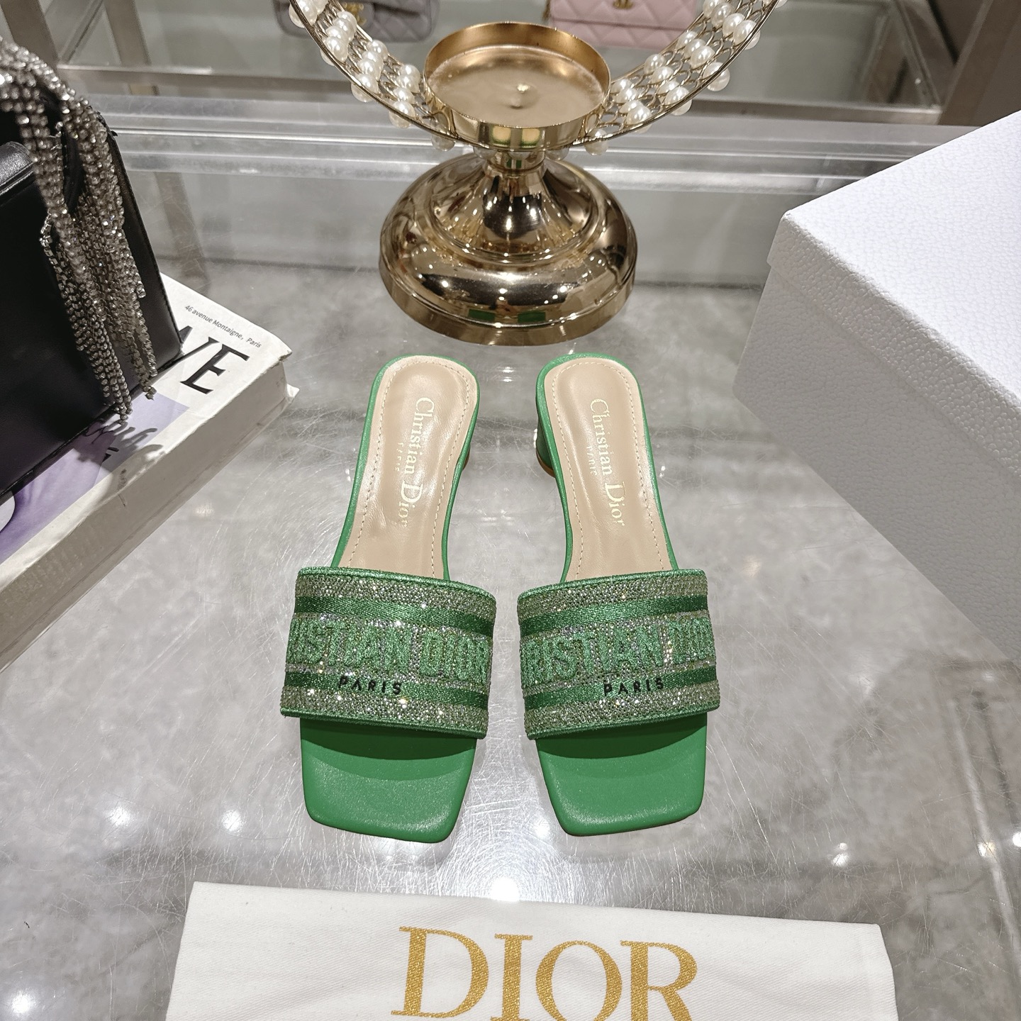 Dior D-Stripes Embroidered Cotton Square Toe Heeled Mule in Green
