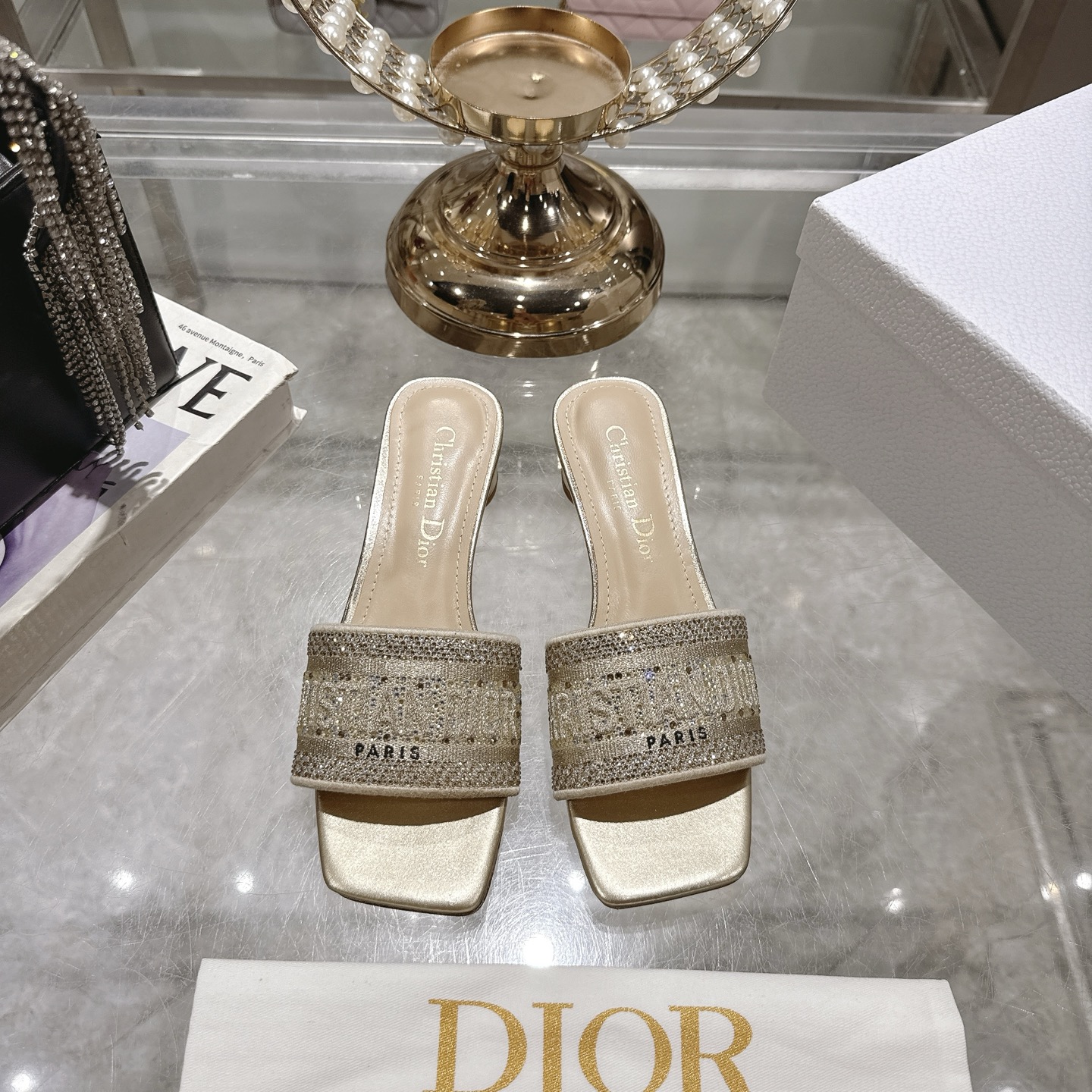 Dior D-Way Sandal: Embroidered Cotton, Gold Finish, and Low Heel