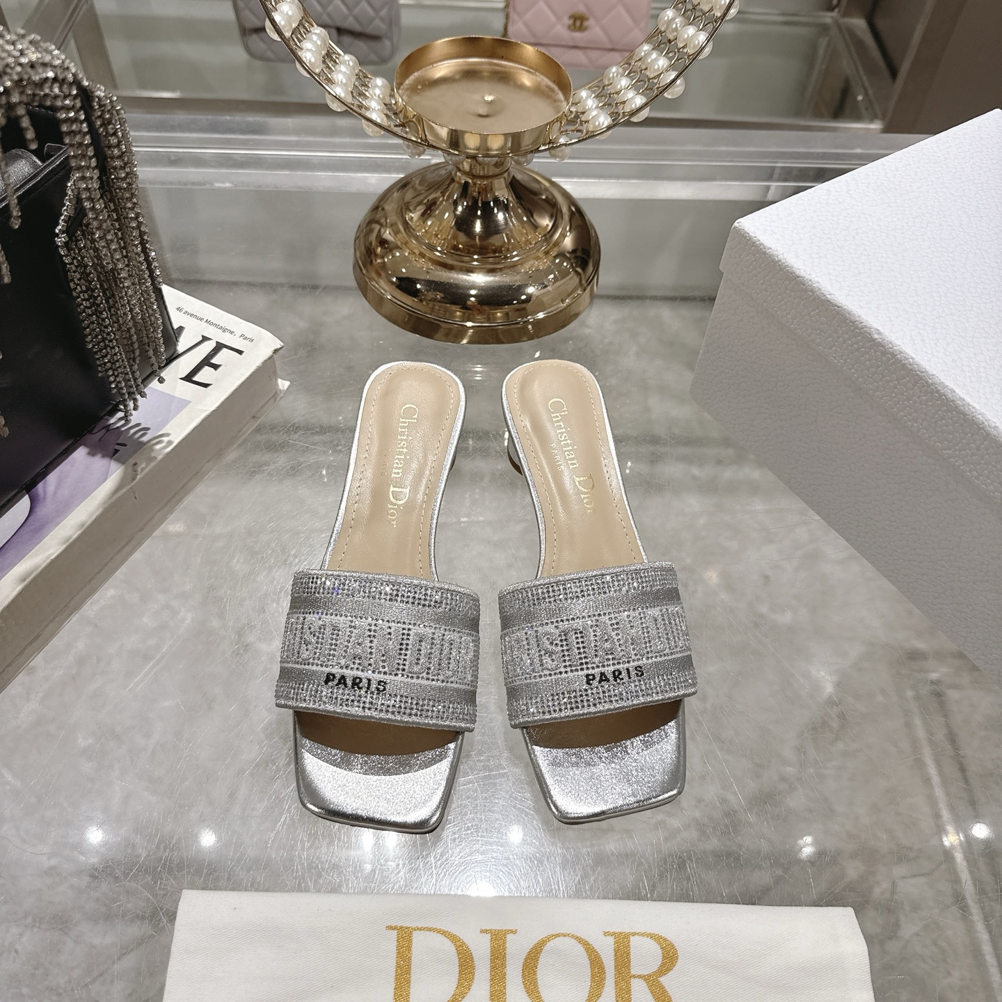 Dior D-Paris Embroidered Cotton Heeled Sandal, Silver, Women, Size 34-41