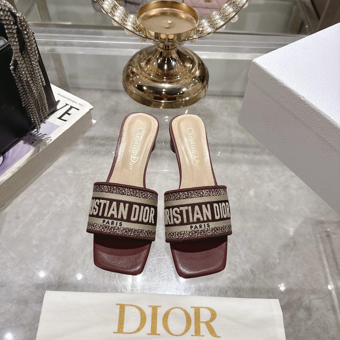 Dior Dway Heeled Slides: CD Logo Embroidery, Leather Insole, and Comfortable Heel