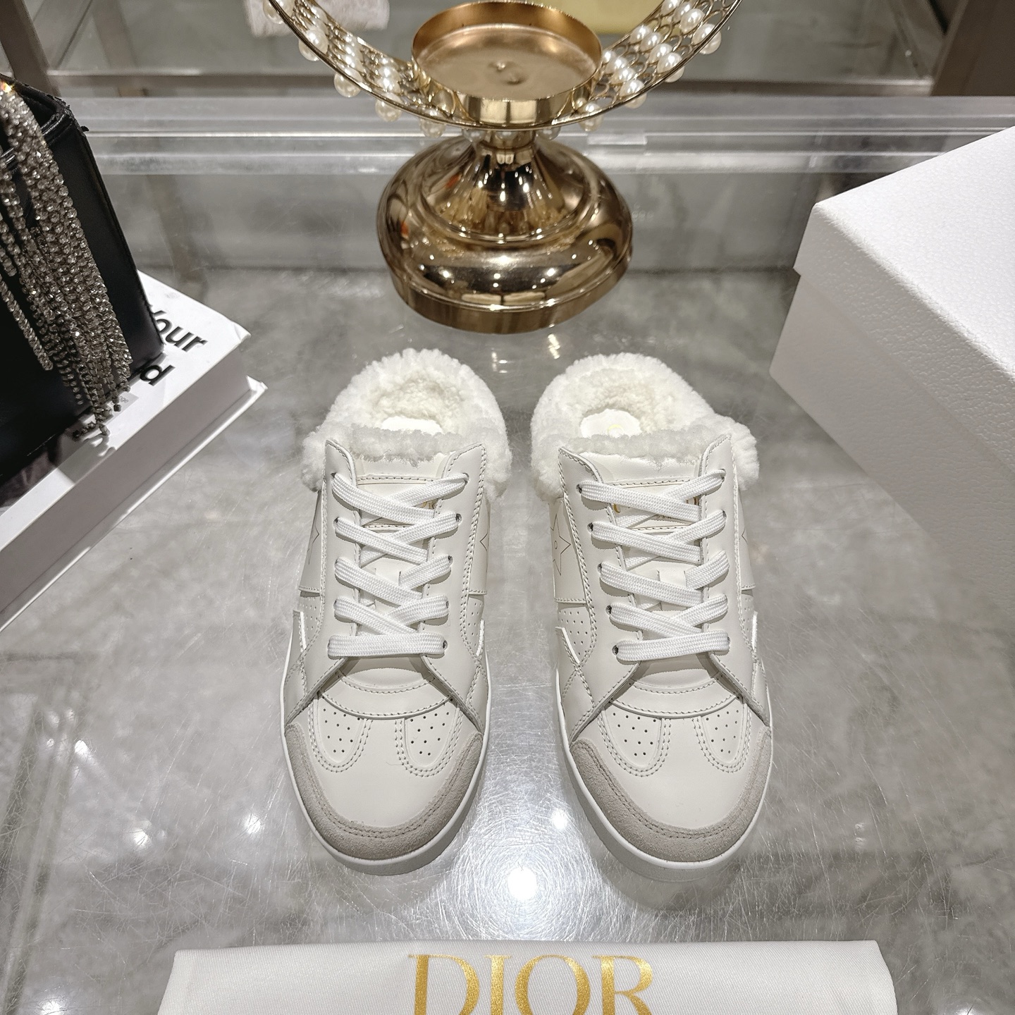 Dior Star White Leather & Suede Shearling-Lined Mule Sneakers