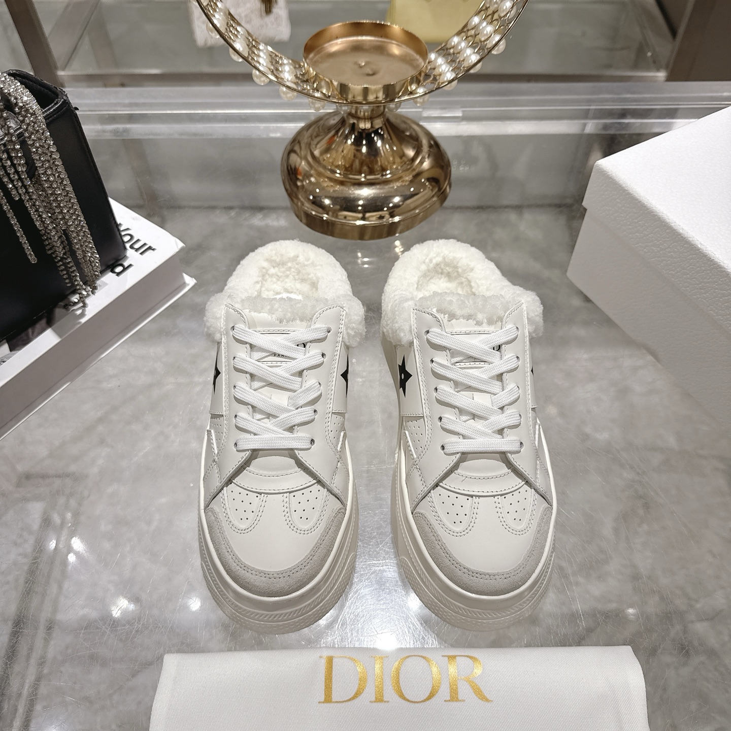 Dior Star White Leather Fluffy Trim Sneakers - Iconic Style & Comfort