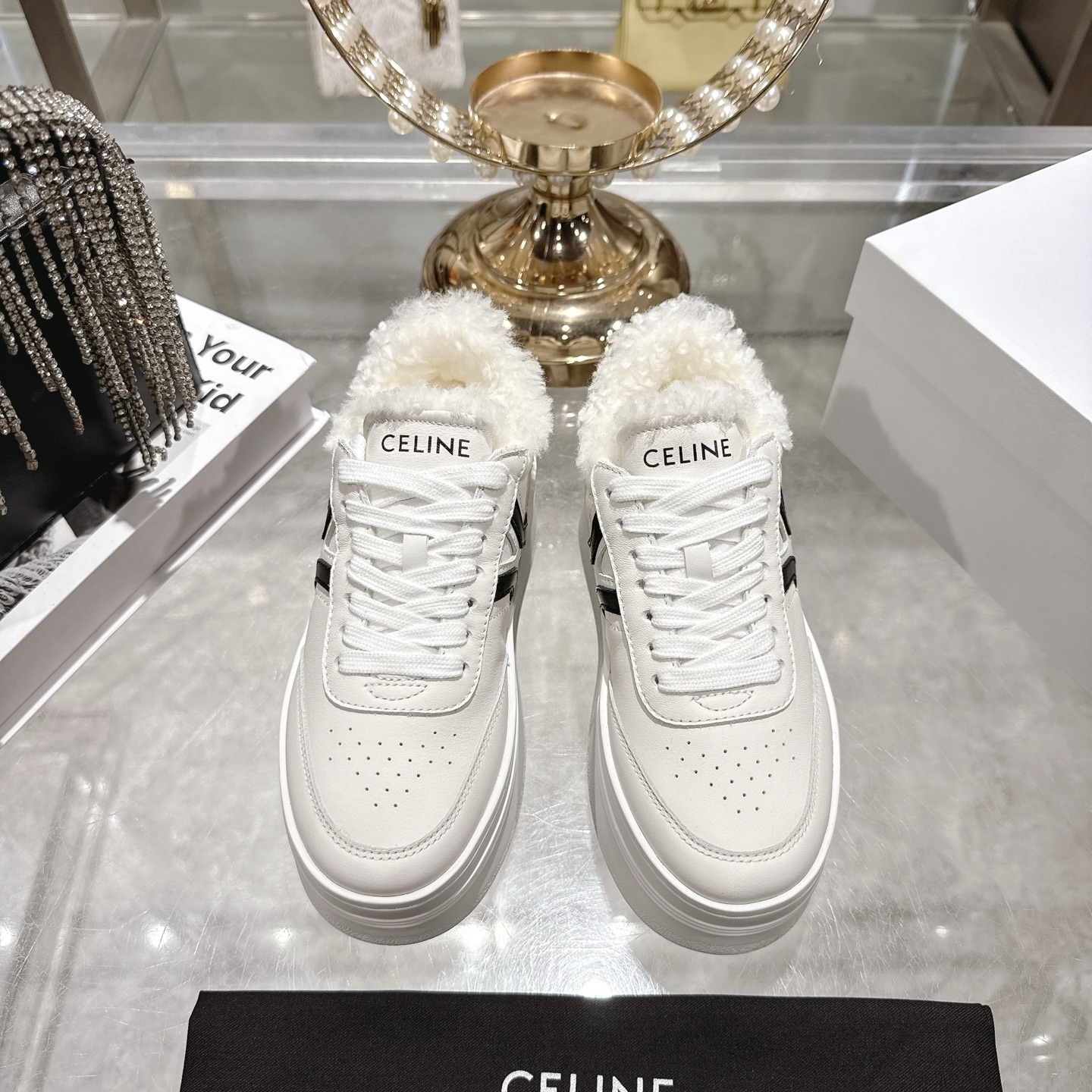 Celine 2025SS Logo Lace-Up Platform Wool-Lined White Sneakers,Street Style