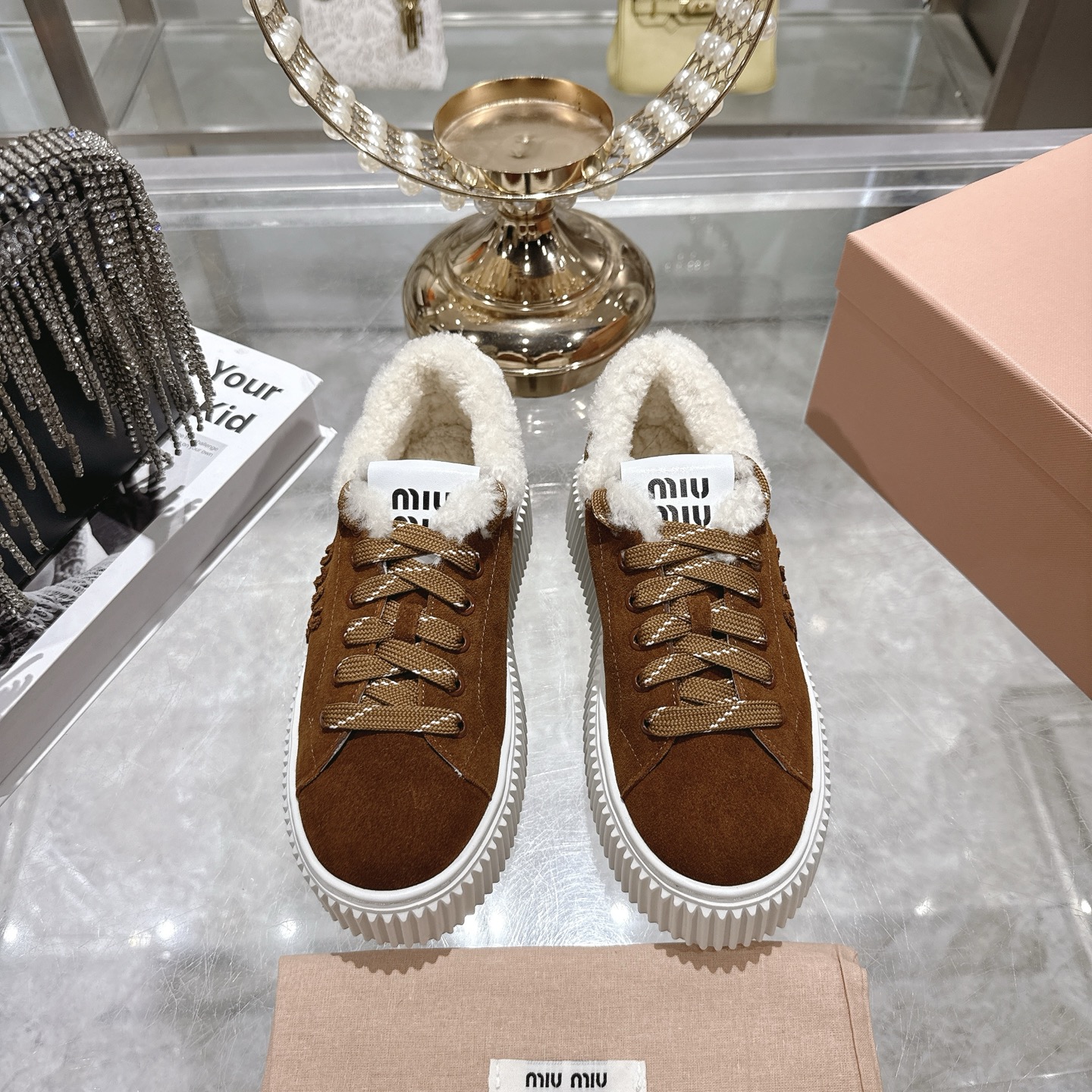 Miu Miu Women's Brown Suede Shearling Trim Logo Lace-Up Platform Sneakers
