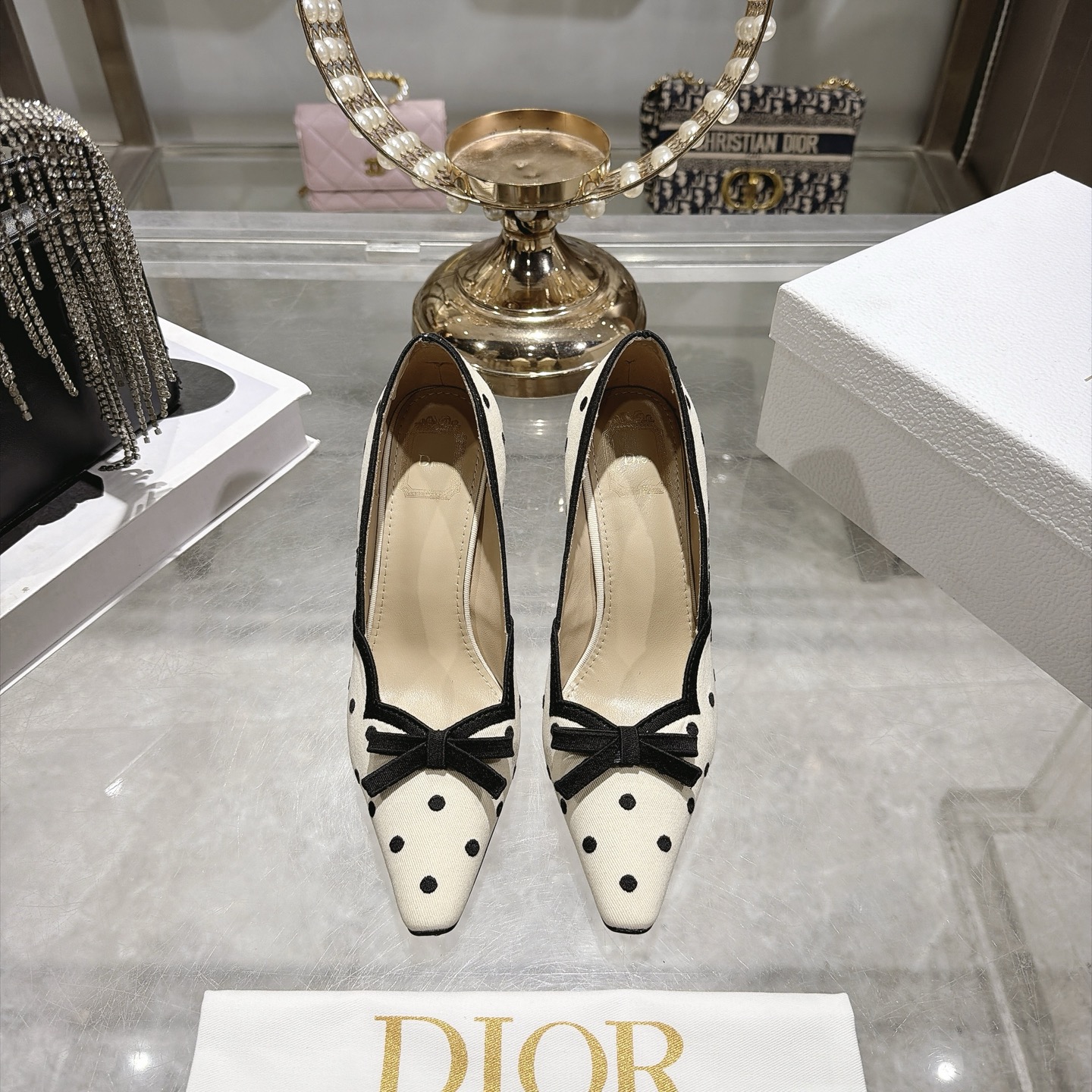 dior ivory black polka dot bow pumps