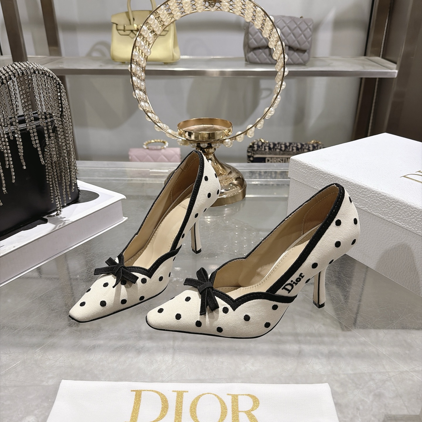 dior ivory black polka dot bow pumps