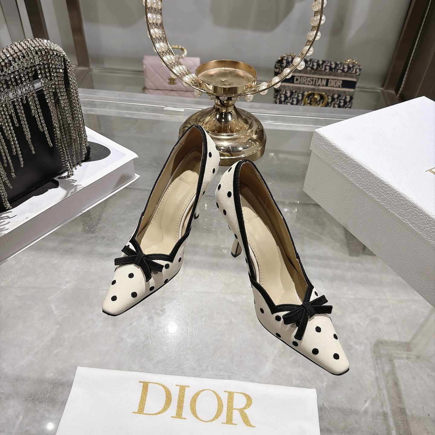 dior ivory black polka dot bow pumps