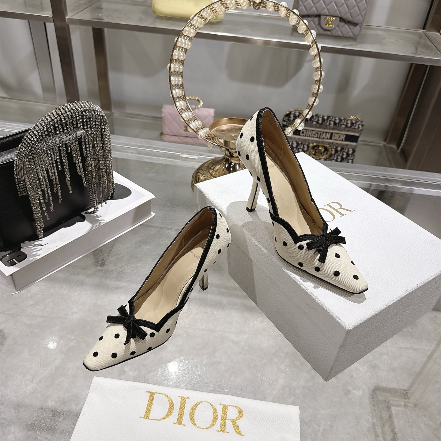 dior ivory black polka dot bow pumps