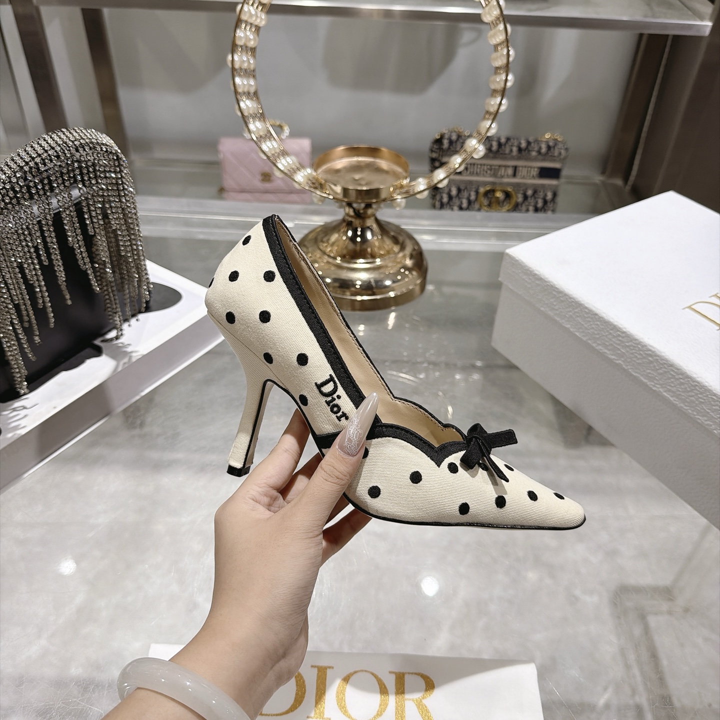 dior ivory black polka dot bow pumps
