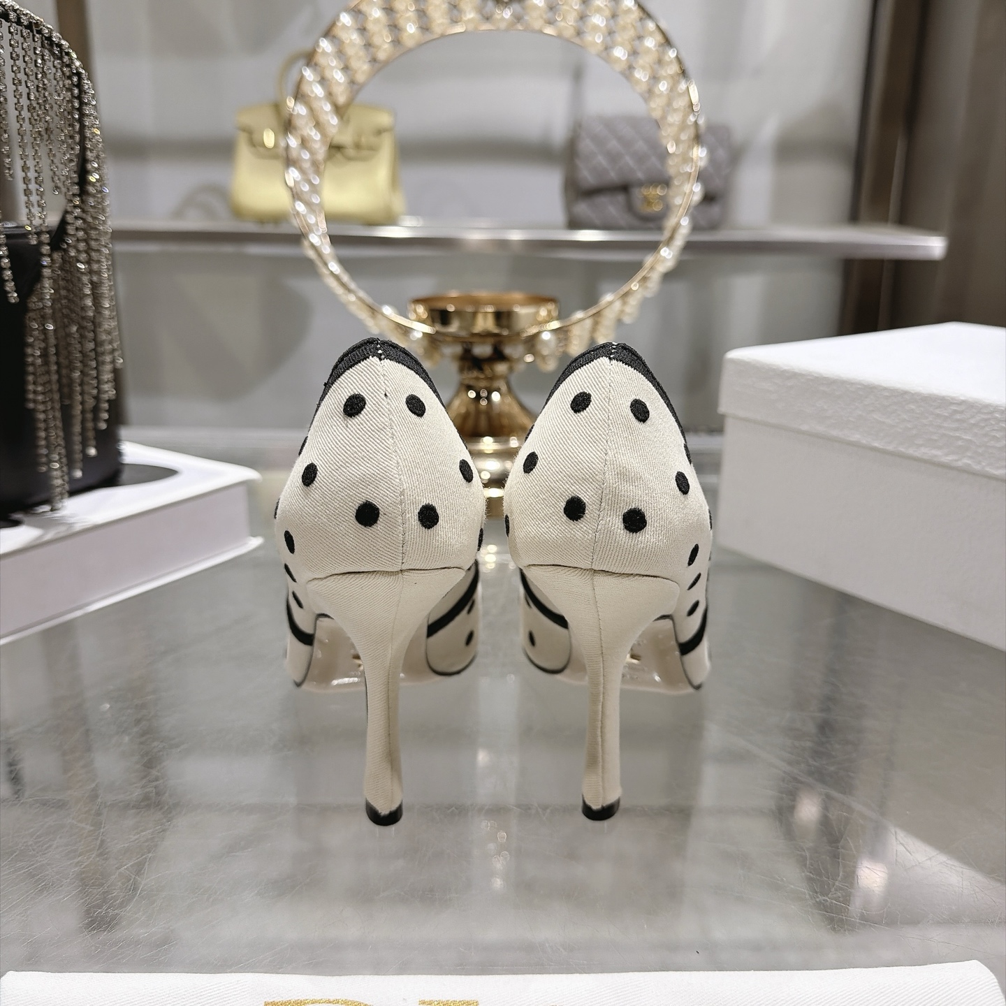 dior ivory black polka dot bow pumps