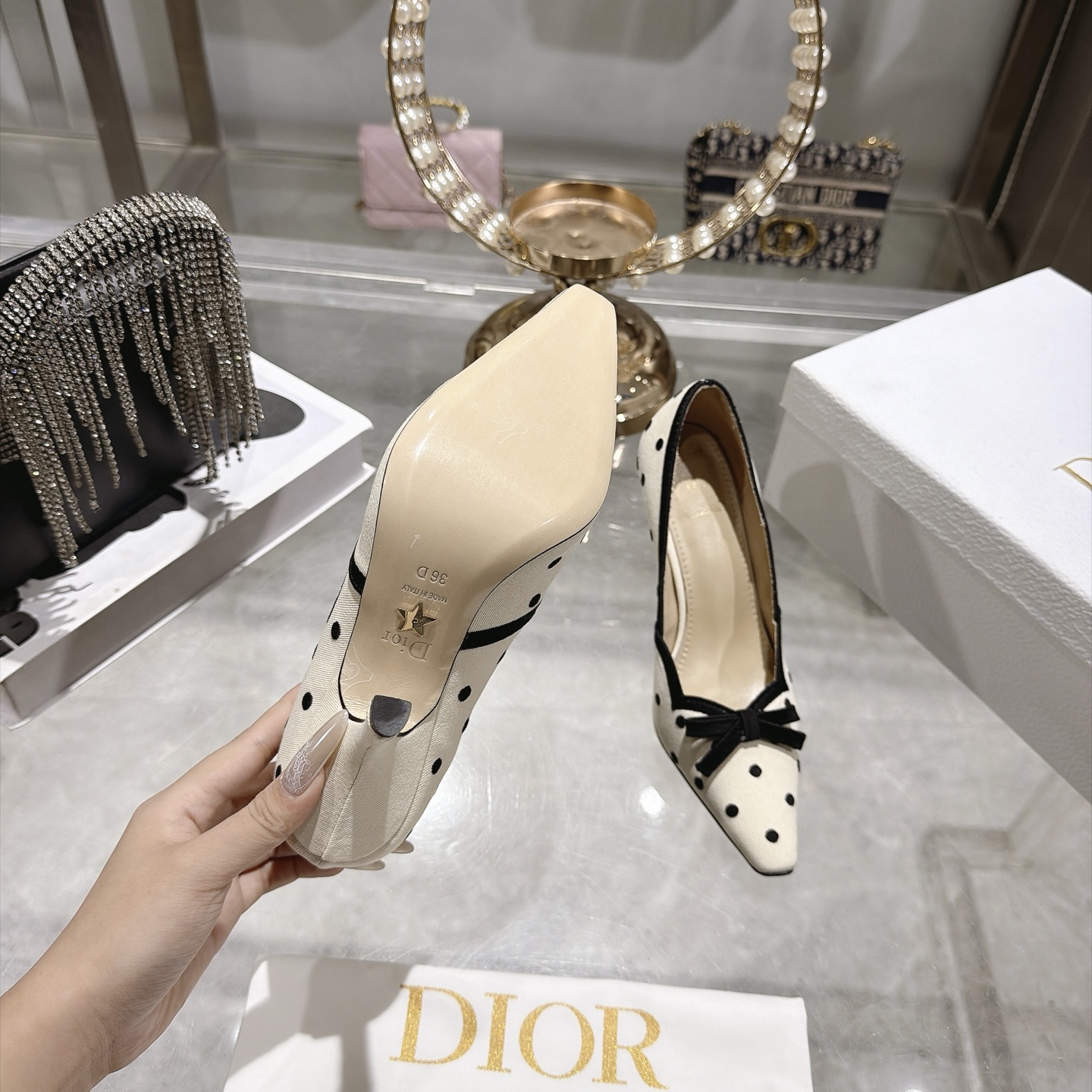 dior ivory black polka dot bow pumps