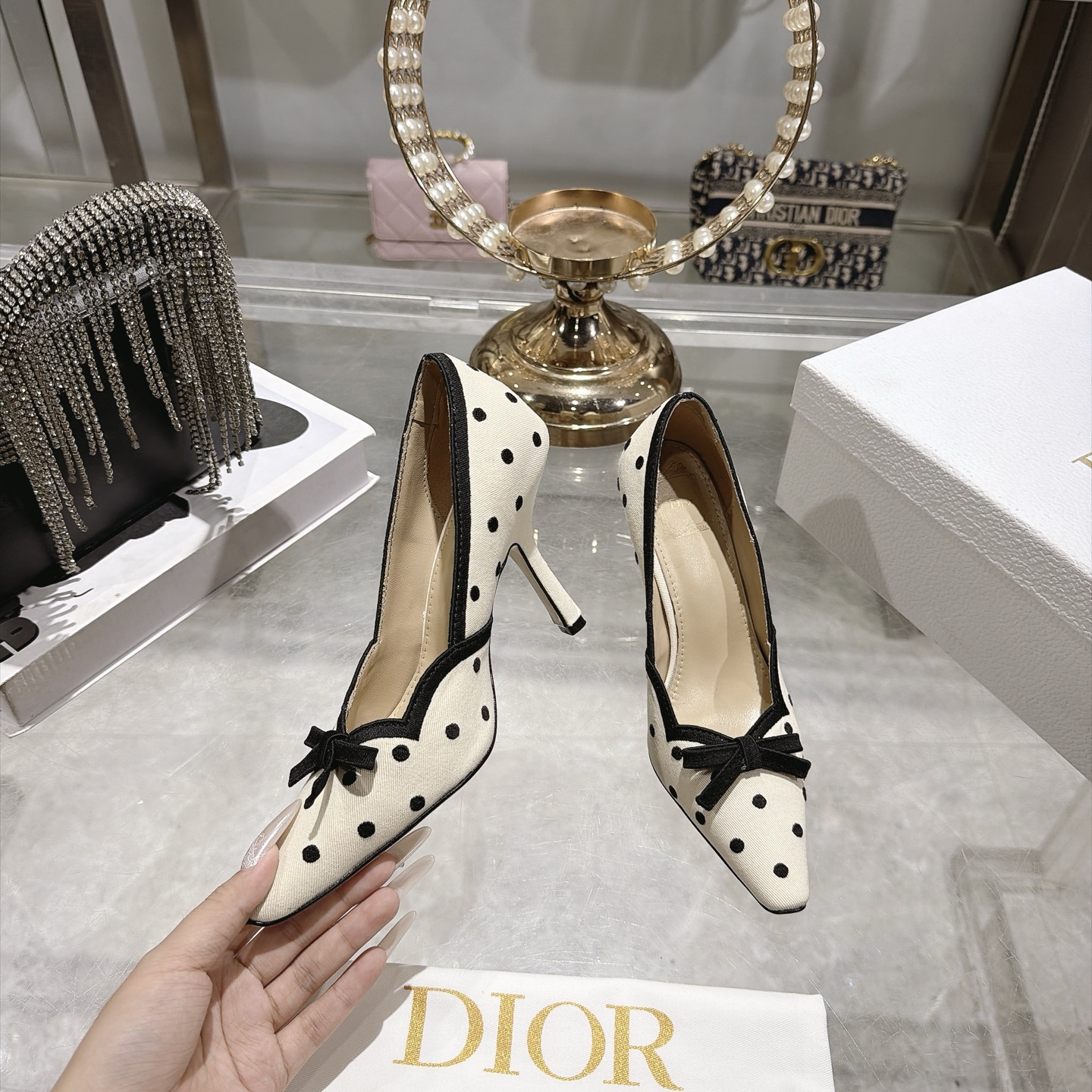 dior ivory black polka dot bow pumps