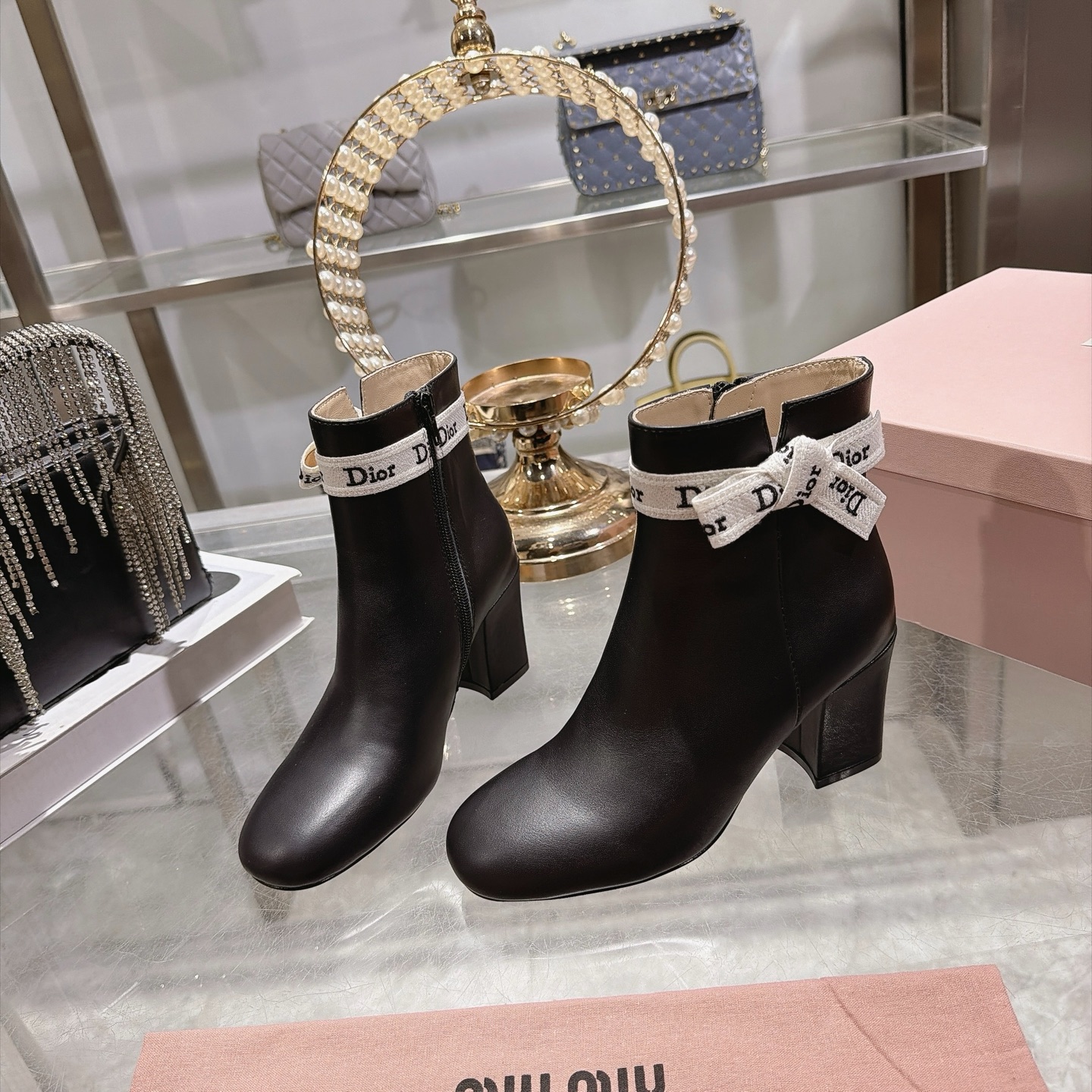 Dior Black Logo Ribbon Block Heel Ankle Boots